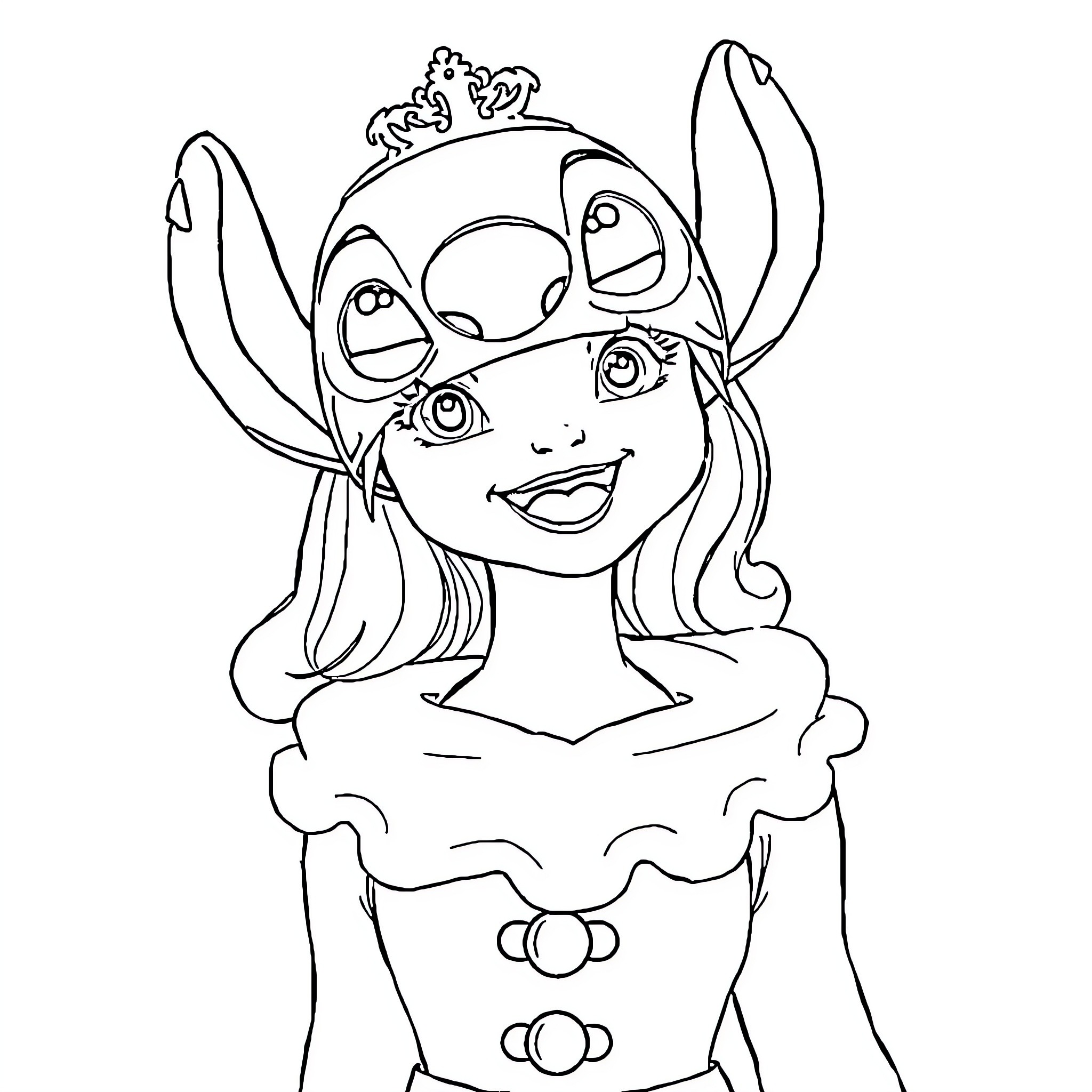 Princess with Stitch in Costume Coloring Page (free black-and-white line drawing printable PDF for all, from beginners to advanced learners, including children, teens, adults, and seniors)