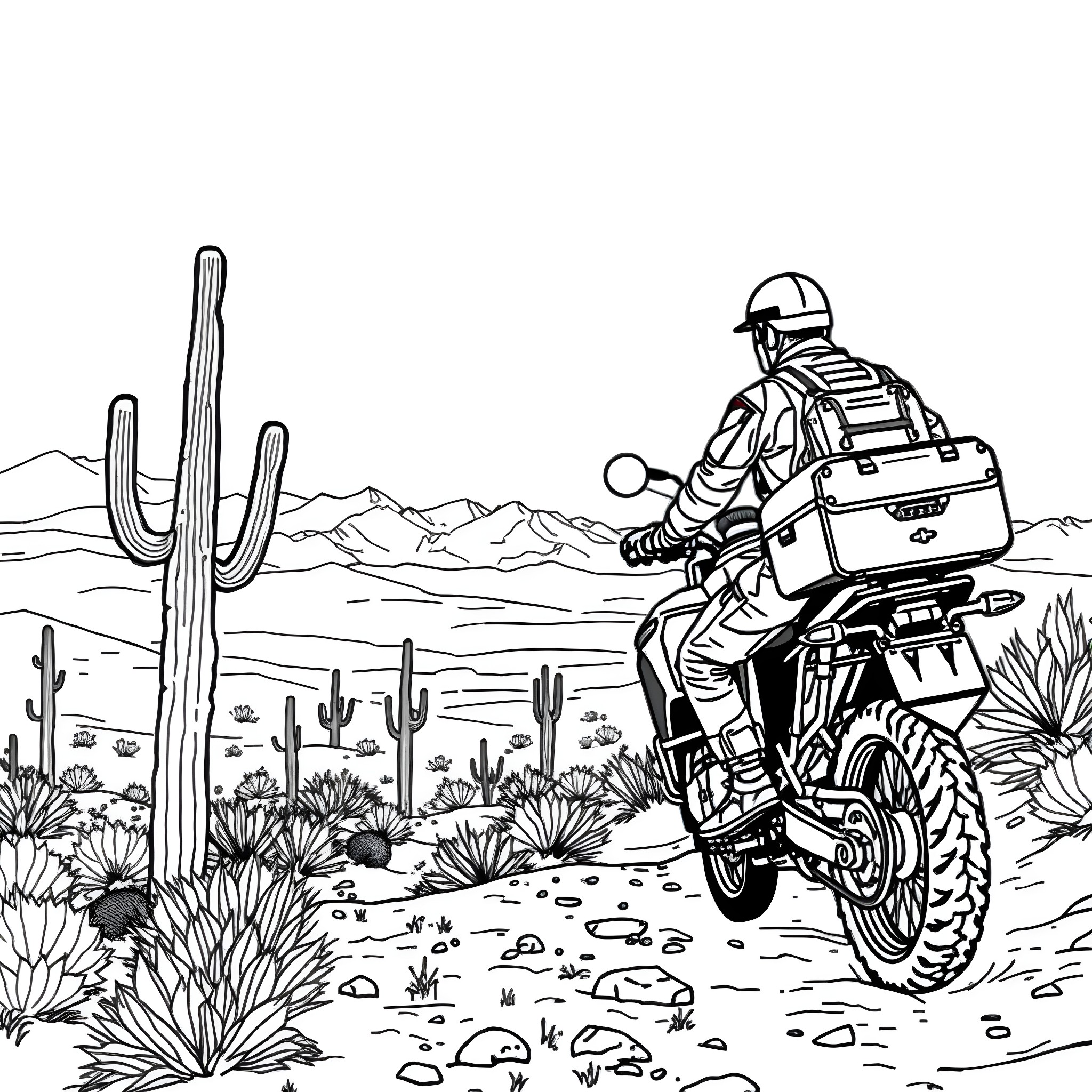 KLR250 rider traversing desert landscape Coloring Page (free black-and-white line drawing printable PDF for all, from beginners to advanced learners, including children, teens, adults, and seniors)