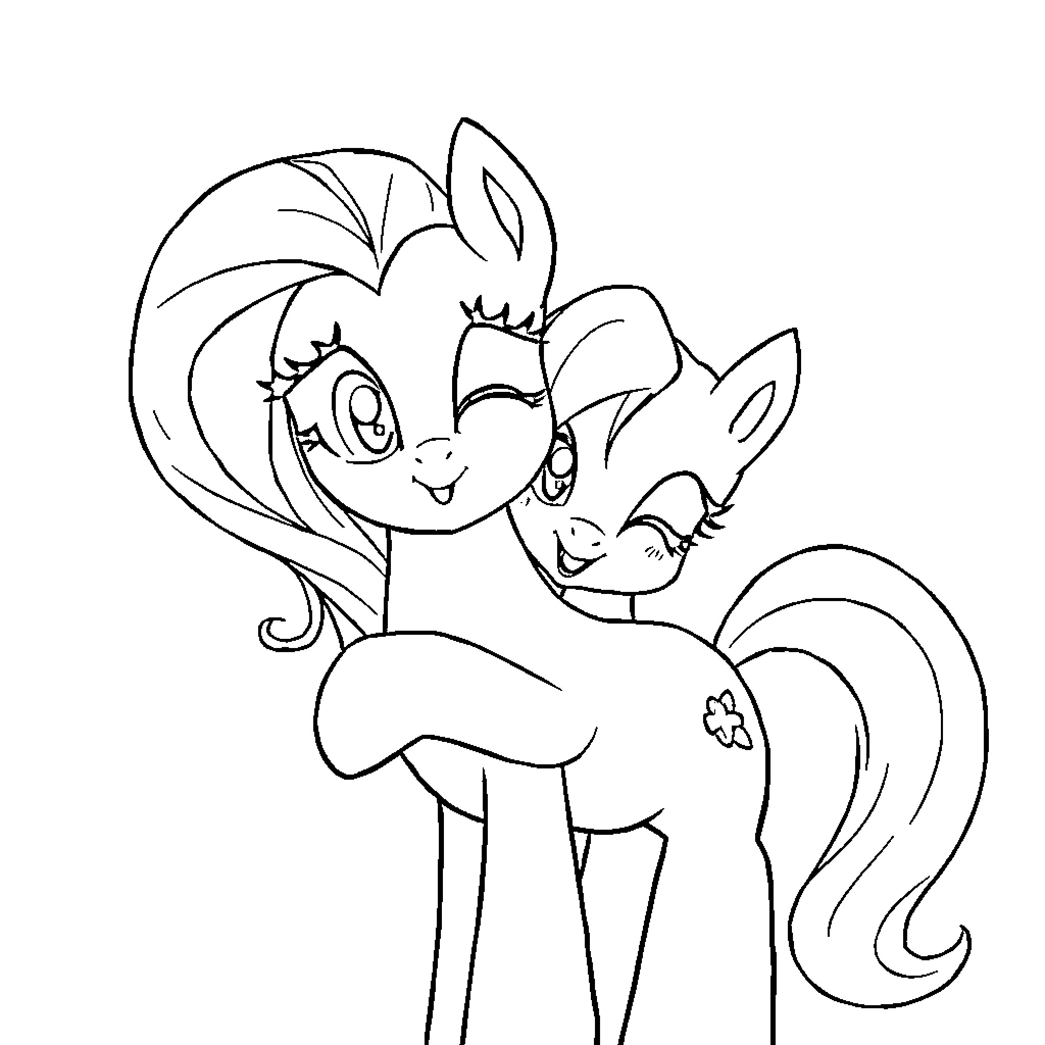 Fluttershy embracing small friend with affection Coloring Page (free black-and-white line drawing printable PDF for all, from beginners to advanced learners, including children, teens, adults, and seniors)