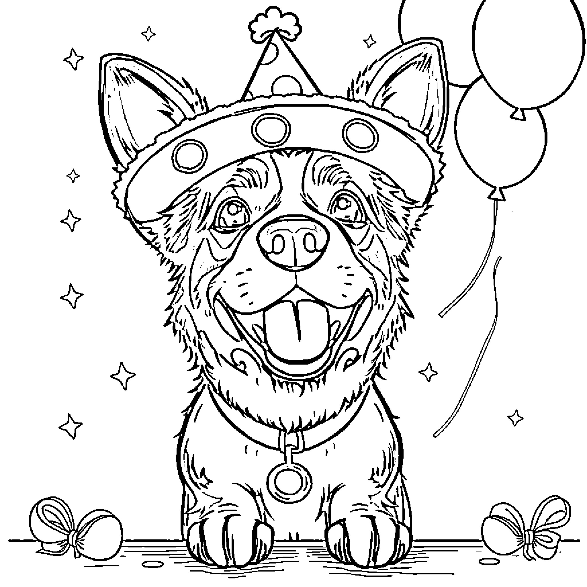 Perro celebrating with balloons and party hat Coloring Page (free black-and-white line drawing printable PDF for all, from beginners to advanced learners, including children, teens, adults, and seniors)