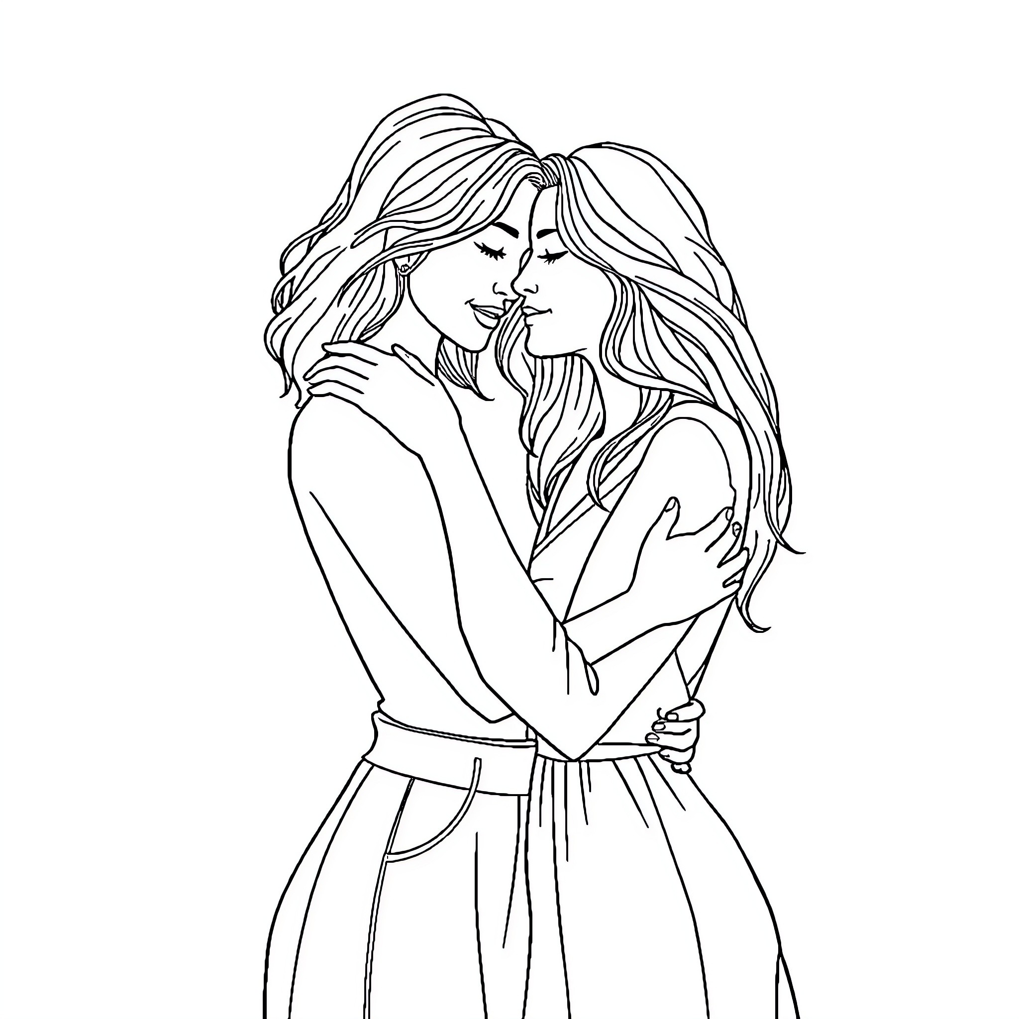 Lesbian couple in a loving embrace Coloring Page (free black-and-white line drawing printable PDF for all, from beginners to advanced learners, including children, teens, adults, and seniors)