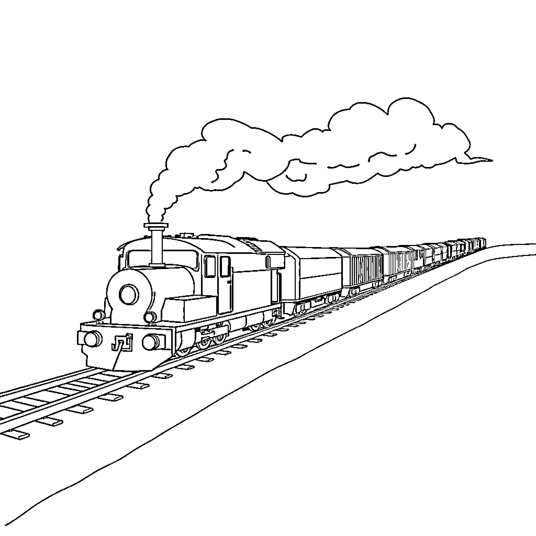 Train transporting cargo through the countryside Coloring Page (free black-and-white line drawing printable PDF for all, from beginners to advanced learners, including children, teens, adults, and seniors)