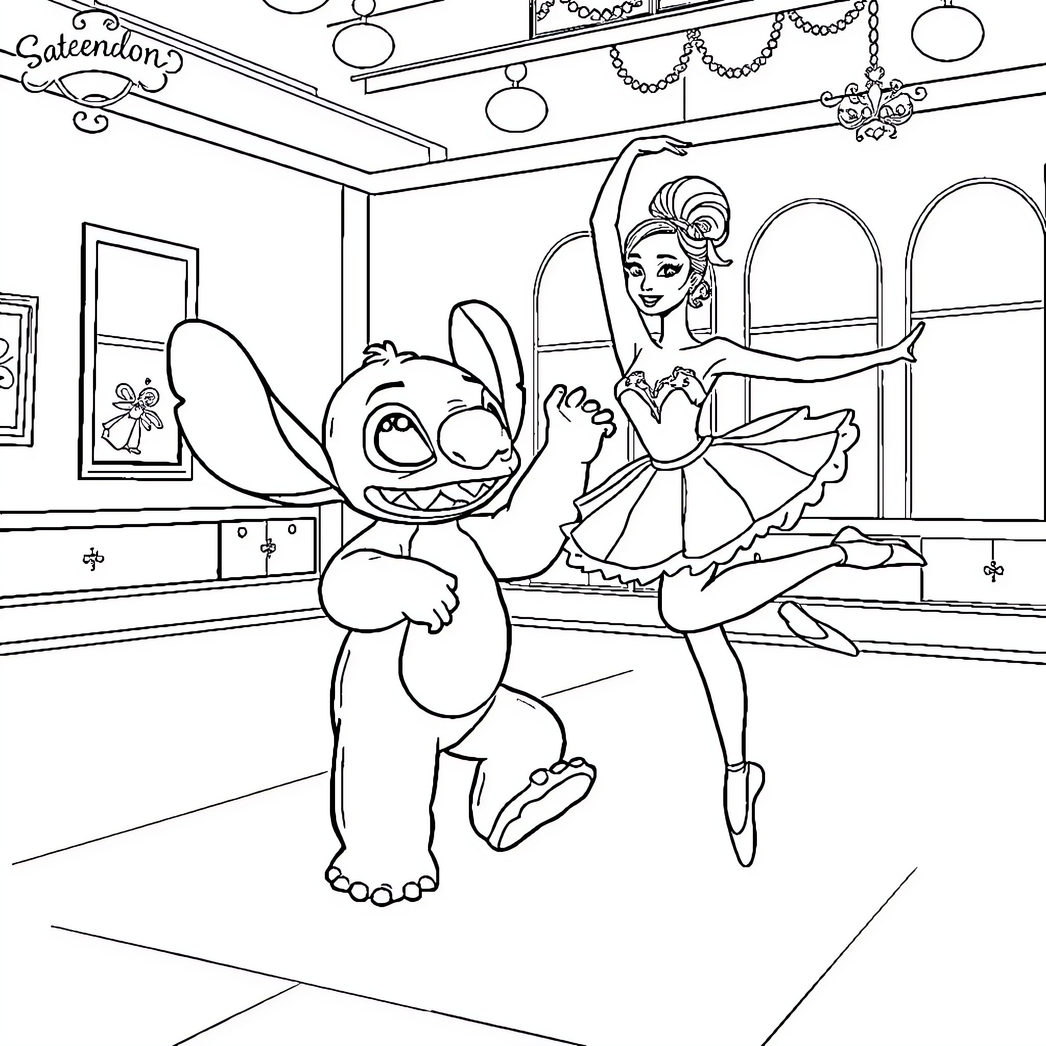 Stitch dancing with a ballerina in a decorated room Coloring Page (free black-and-white line drawing printable PDF for all, from beginners to advanced learners, including children, teens, adults, and seniors)