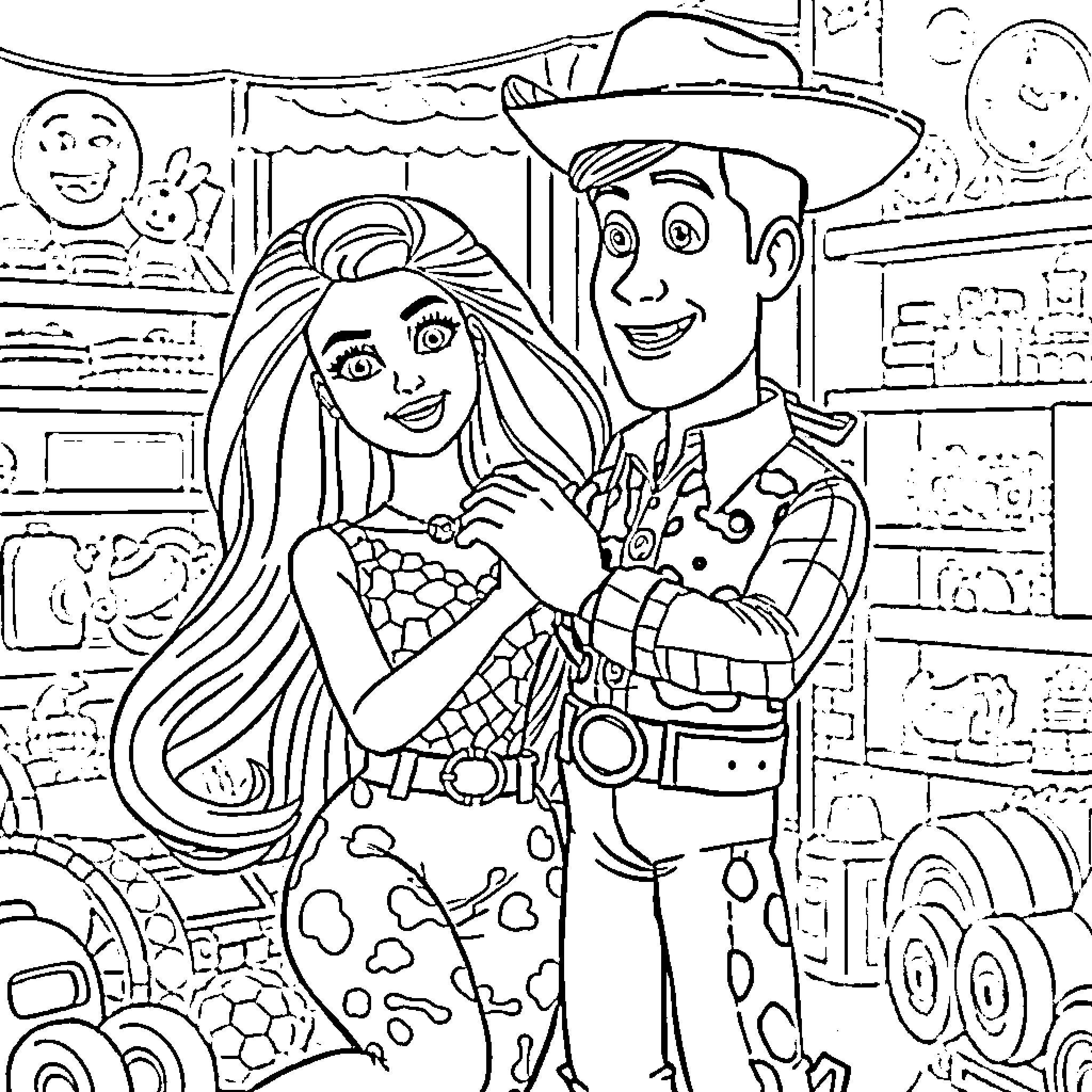 Barbie and Cowboy in Vibrant Adventure Coloring Page (free black-and-white line drawing printable PDF for all, from beginners to advanced learners, including children, teens, adults, and seniors)