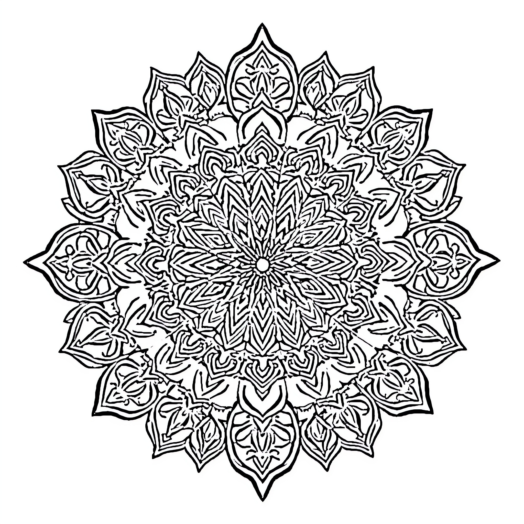 Mandala with intricate floral patterns Coloring Page (free black-and-white line drawing printable PDF for all, from beginners to advanced learners, including children, teens, adults, and seniors)