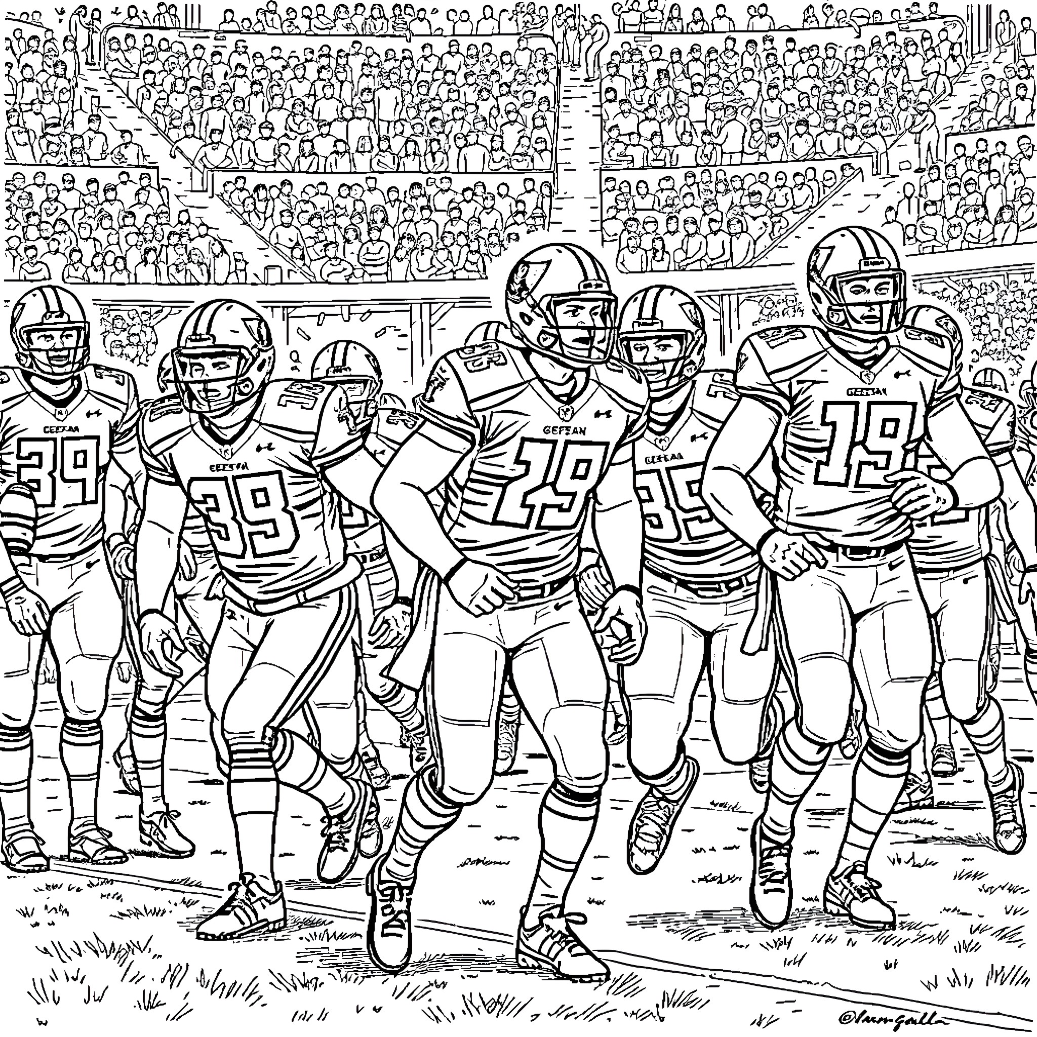 Football players in action on the field Coloring Page (free black-and-white line drawing printable PDF for all, from beginners to advanced learners, including children, teens, adults, and seniors)
