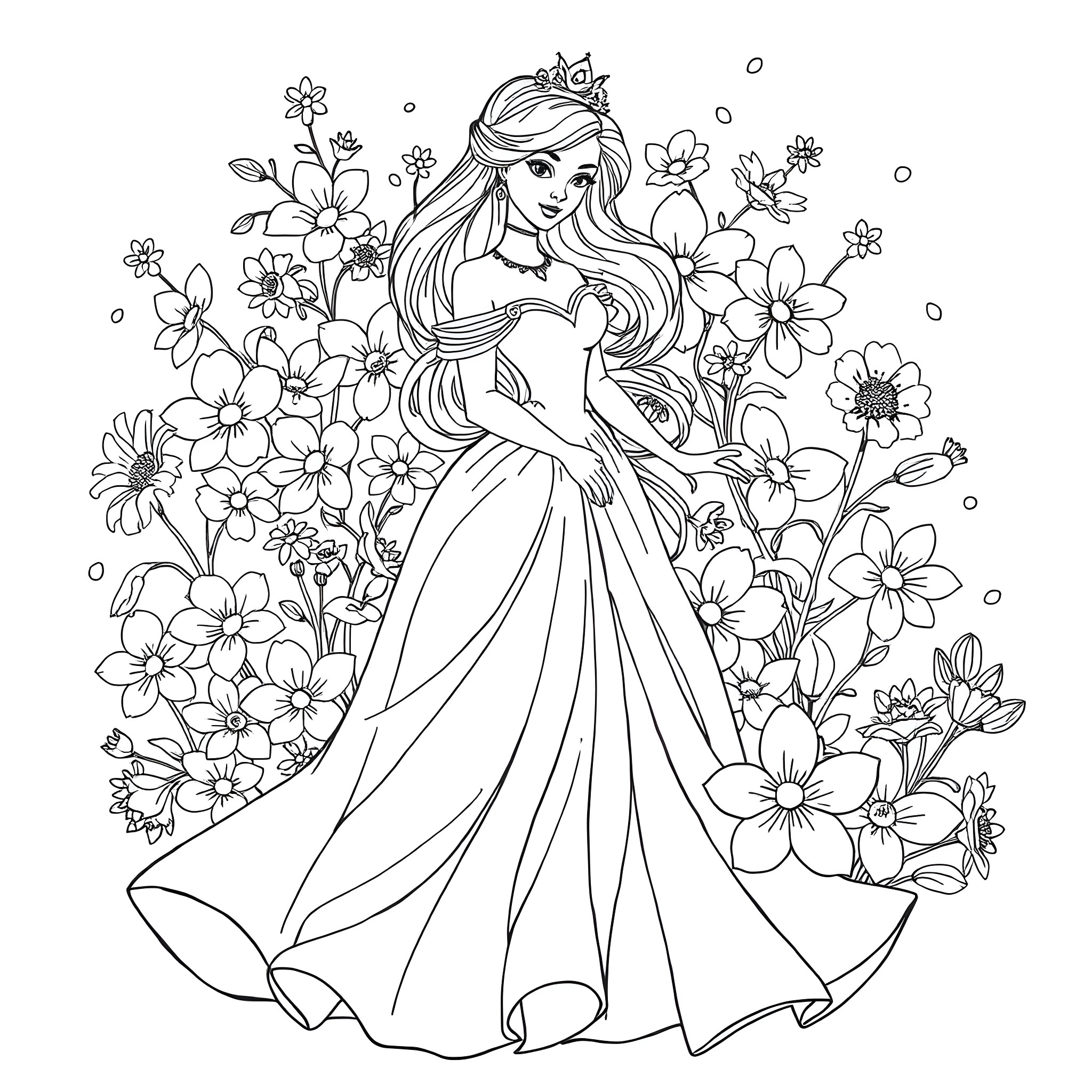 Princess in a field of flowers Coloring Page (free black-and-white line drawing printable PDF for all, from beginners to advanced learners, including children, teens, adults, and seniors)