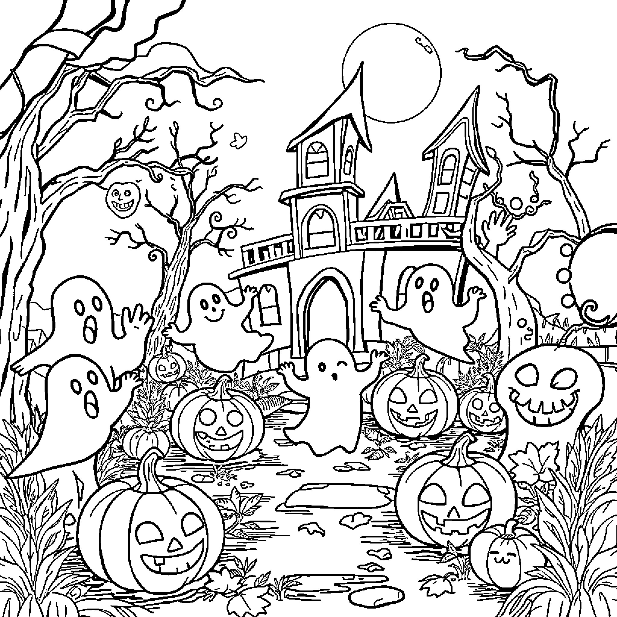 Halloween Haunted House and Spooky Creatures Coloring Page (free black-and-white line drawing printable PDF for all, from beginners to advanced learners, including children, teens, adults, and seniors)