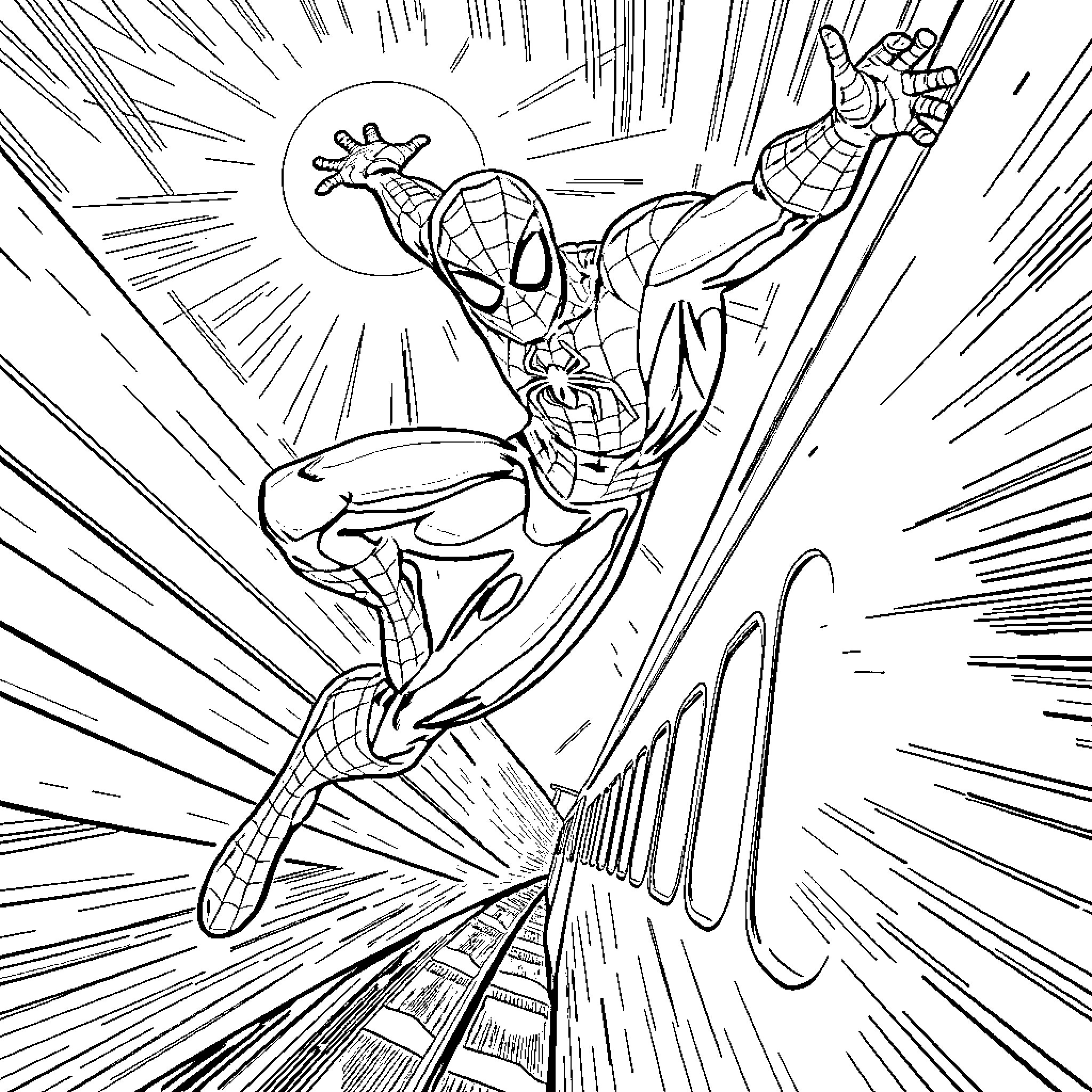 Spider-Man swinging through the city with action Coloring Page (free black-and-white line drawing printable PDF for all, from beginners to advanced learners, including children, teens, adults, and seniors)