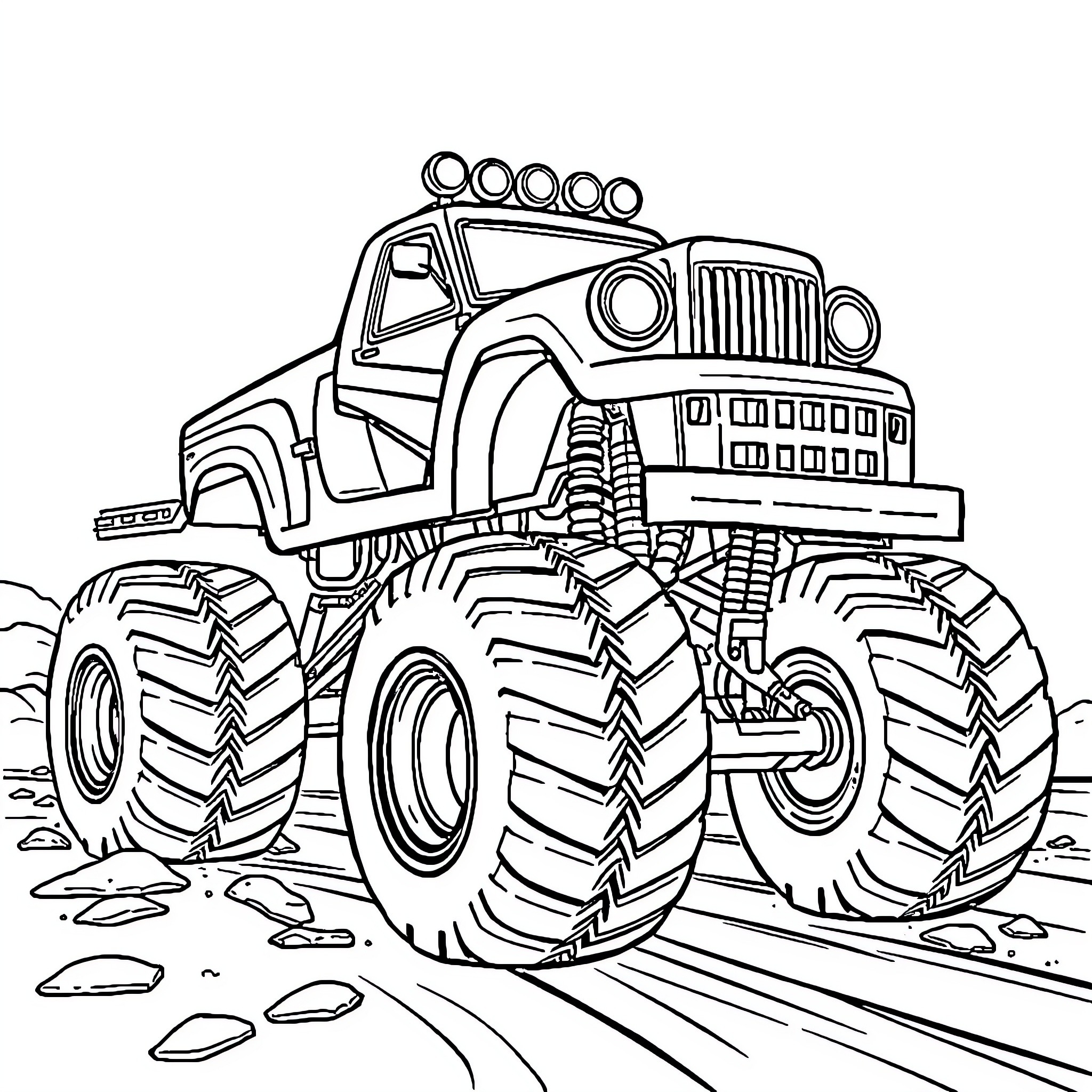 Monster Truck Traversing Rugged Terrain Coloring Page (free black-and-white line drawing printable PDF for all, from beginners to advanced learners, including children, teens, adults, and seniors)