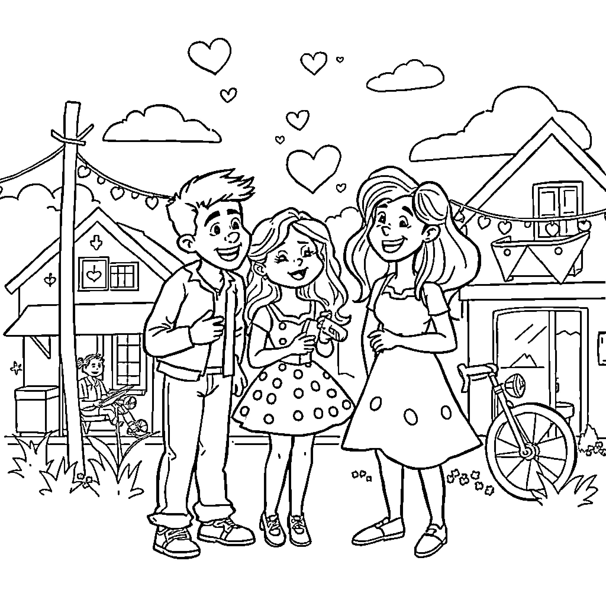 Hometown Cha Cha Cha: Cheerful Group Outing in the Village Coloring Page (free black-and-white line drawing printable PDF for all, from beginners to advanced learners, including children, teens, adults, and seniors)