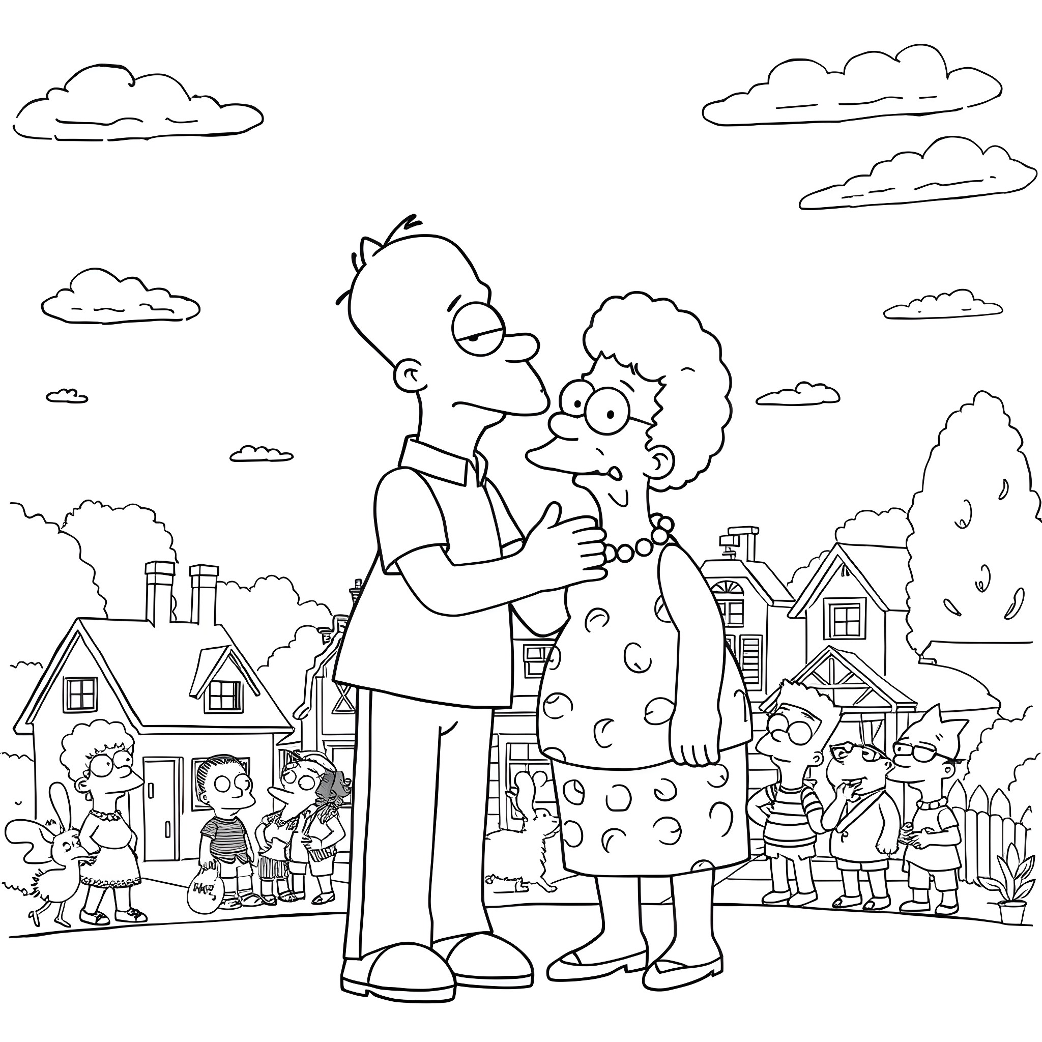 Fran's heartwarming embrace with loved one in neighborhood scene Coloring Page (free black-and-white line drawing printable PDF for all, from beginners to advanced learners, including children, teens, adults, and seniors)