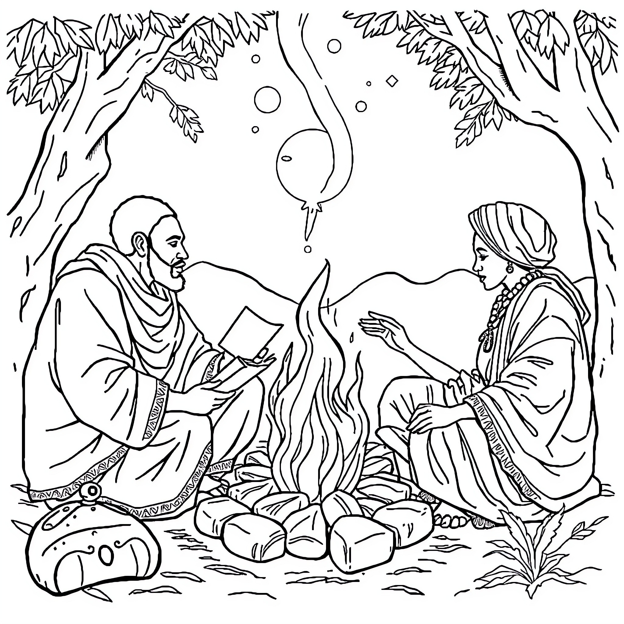 Storyteller sharing tales by the campfire Coloring Page (free black-and-white line drawing printable PDF for all, from beginners to advanced learners, including children, teens, adults, and seniors)