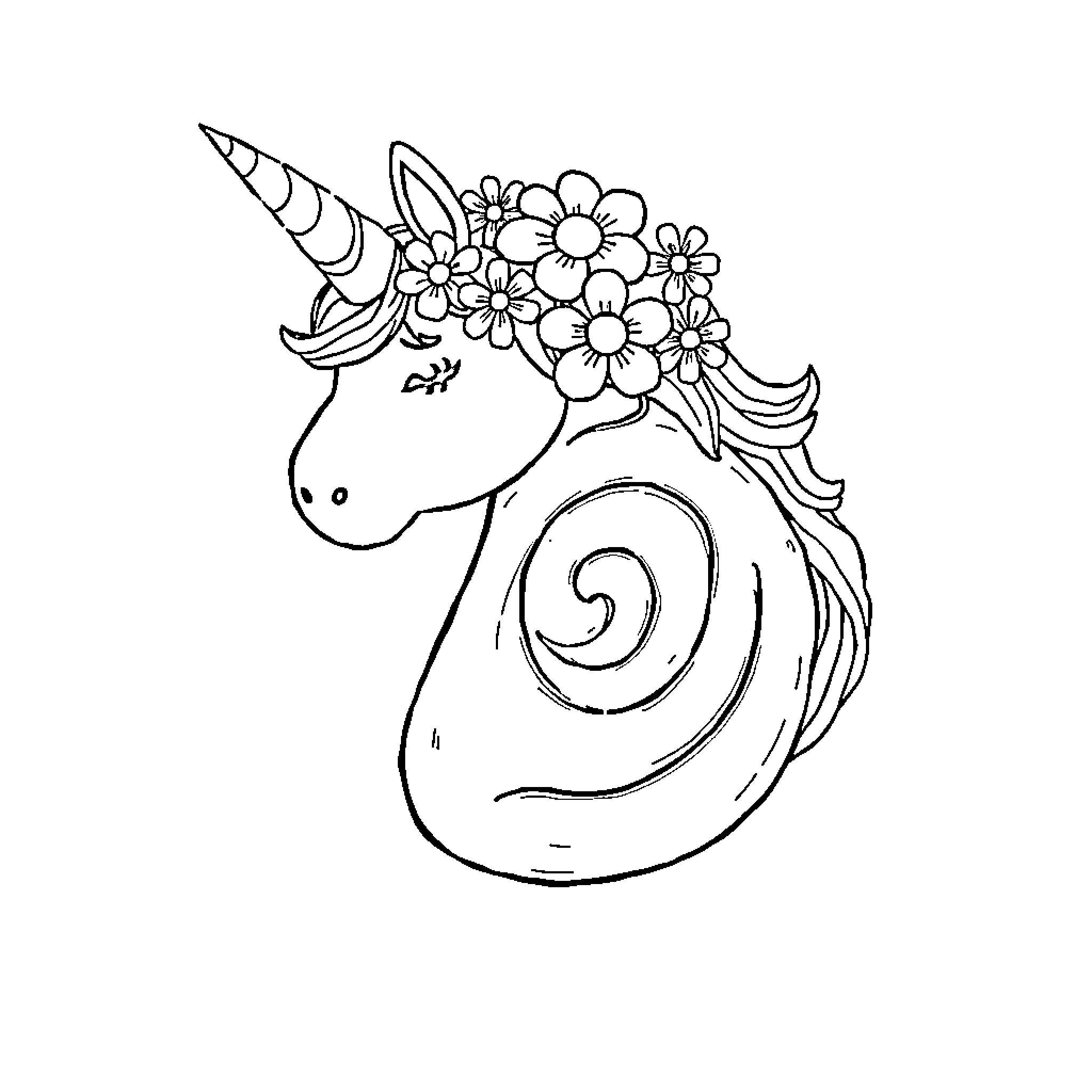 Cinnamon Roll Unicorn with Floral Crown Coloring Page (free black-and-white line drawing printable PDF for all, from beginners to advanced learners, including children, teens, adults, and seniors)