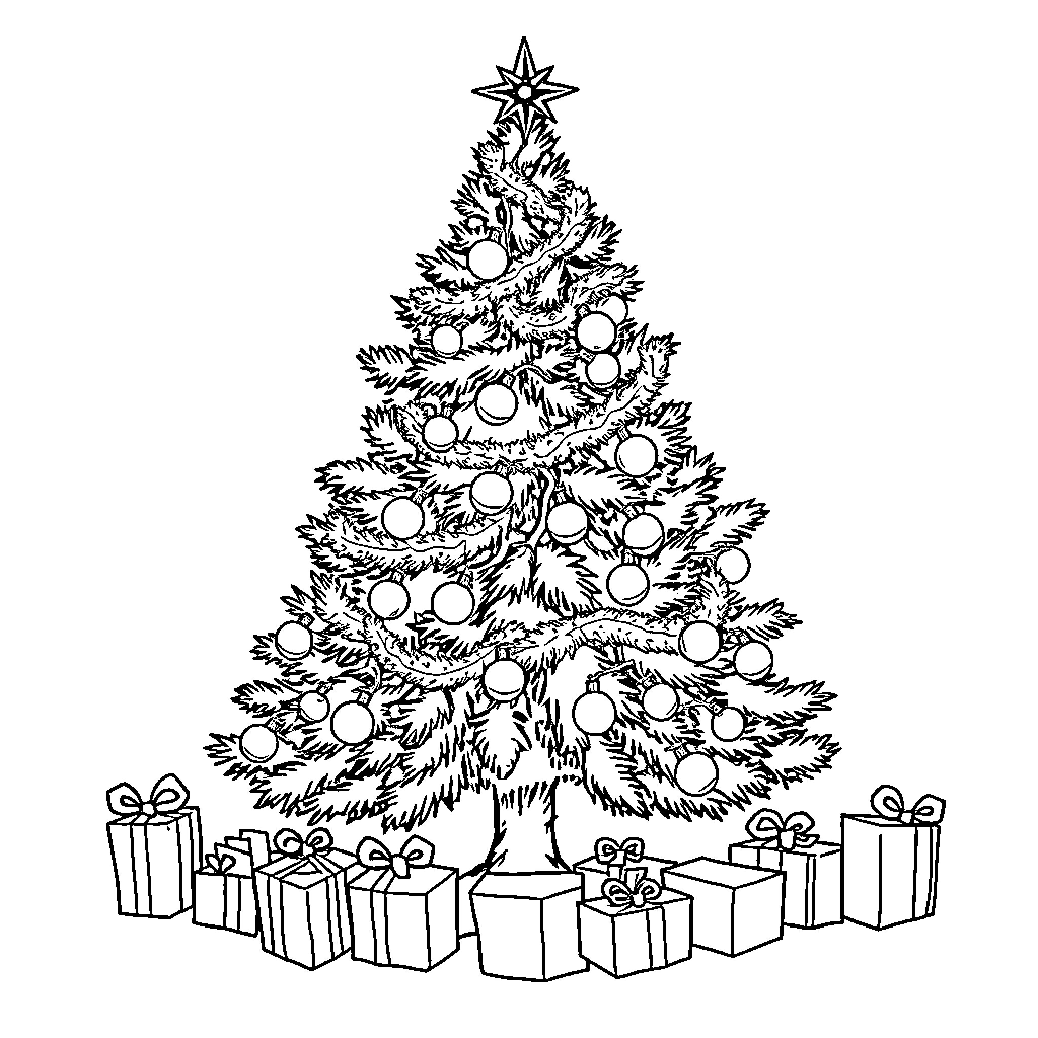 Christmas Tree adorned with ornaments and gifts Coloring Page (free black-and-white line drawing printable PDF for all, from beginners to advanced learners, including children, teens, adults, and seniors)