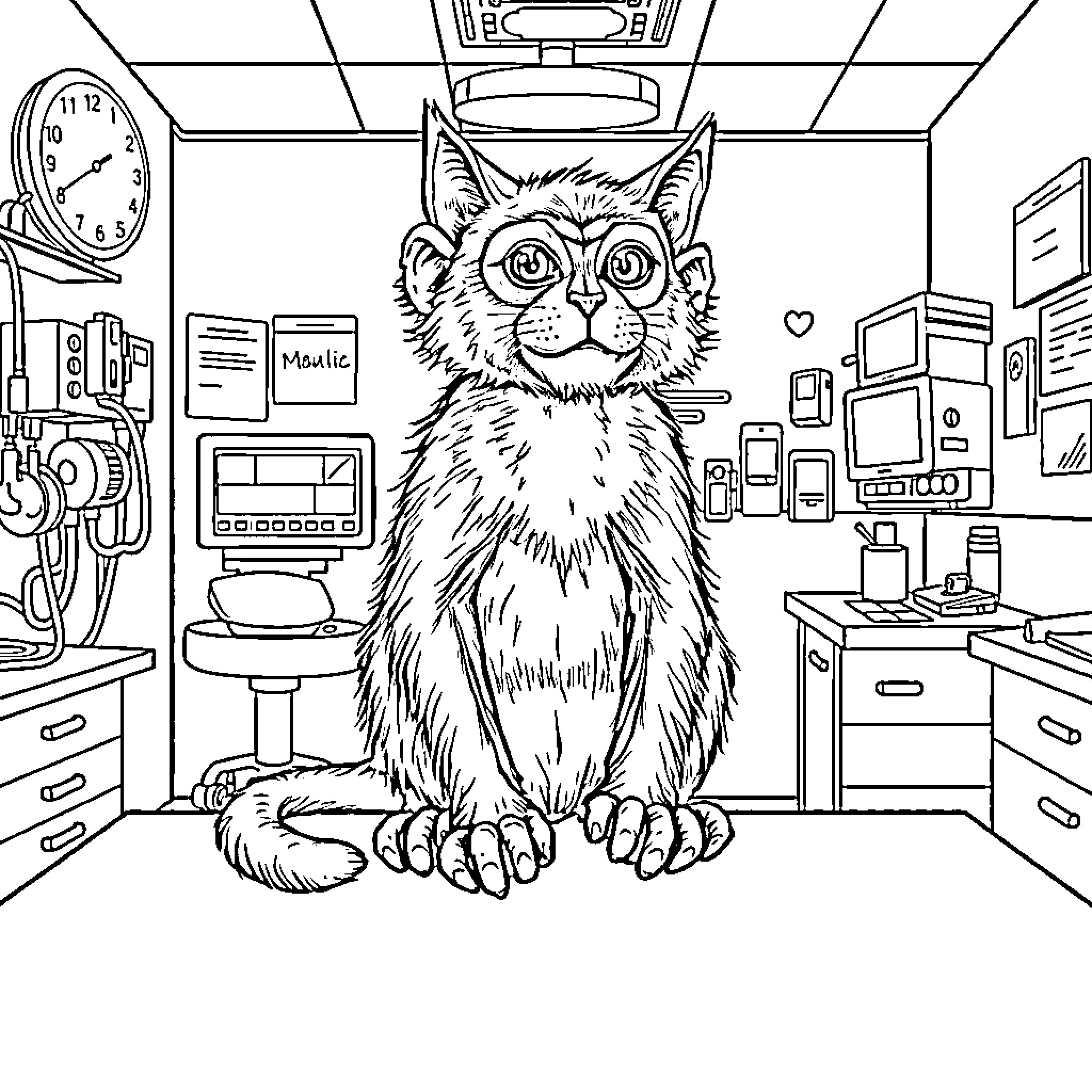 Mutant Monkey Cat Sits Puzzled in Cluttered Room Coloring Page (free black-and-white line drawing printable PDF for all, from beginners to advanced learners, including children, teens, adults, and seniors)