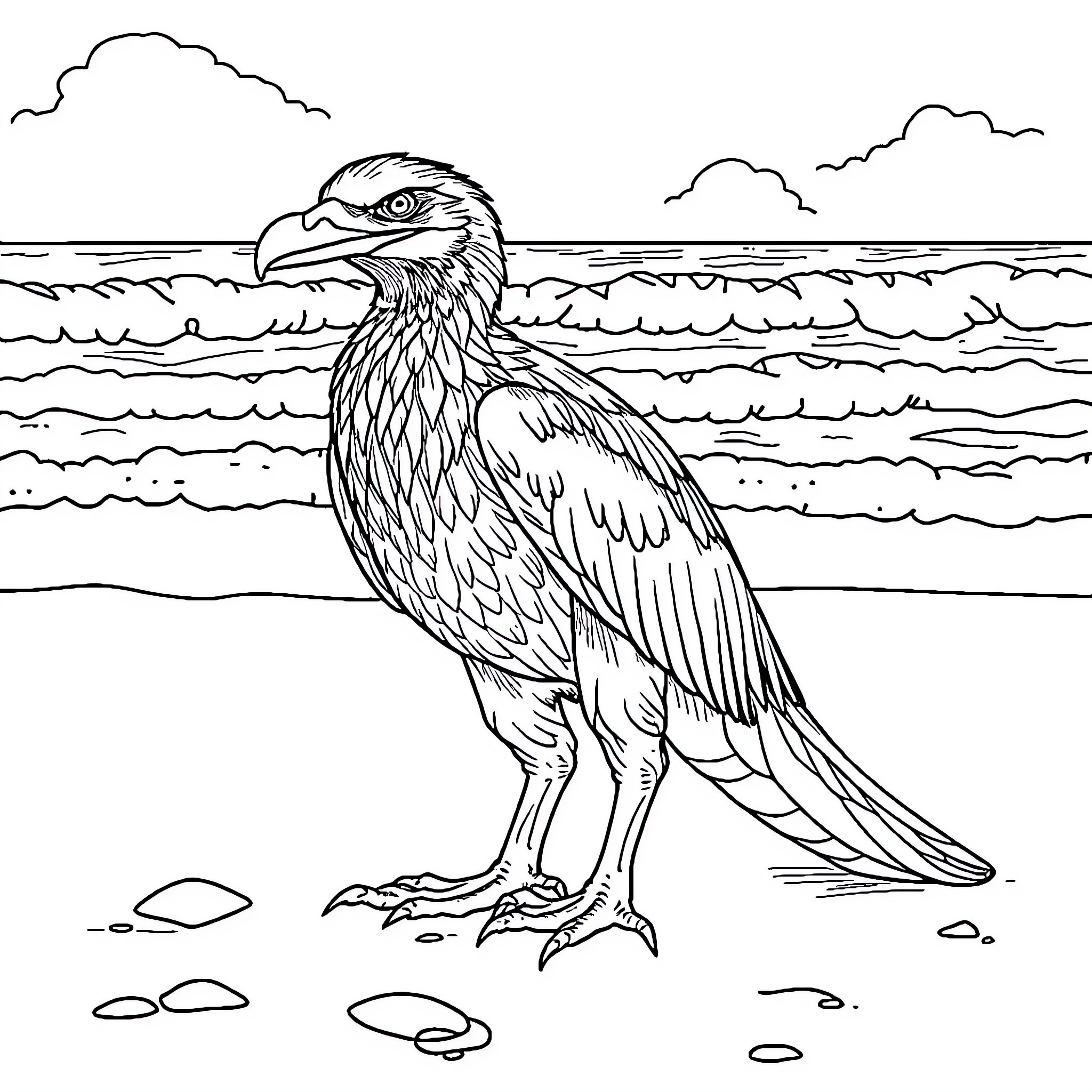 Raptor observing the coastal scenery Coloring Page (free black-and-white line drawing printable PDF for all, from beginners to advanced learners, including children, teens, adults, and seniors)