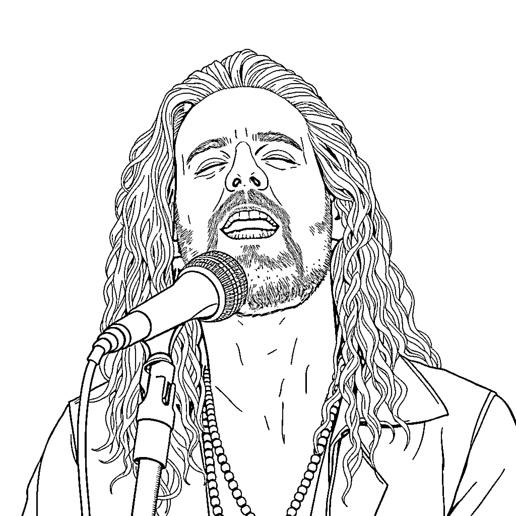 Layne Staley performing on stage with microphone Coloring Page (free black-and-white line drawing printable PDF for all, from beginners to advanced learners, including children, teens, adults, and seniors)