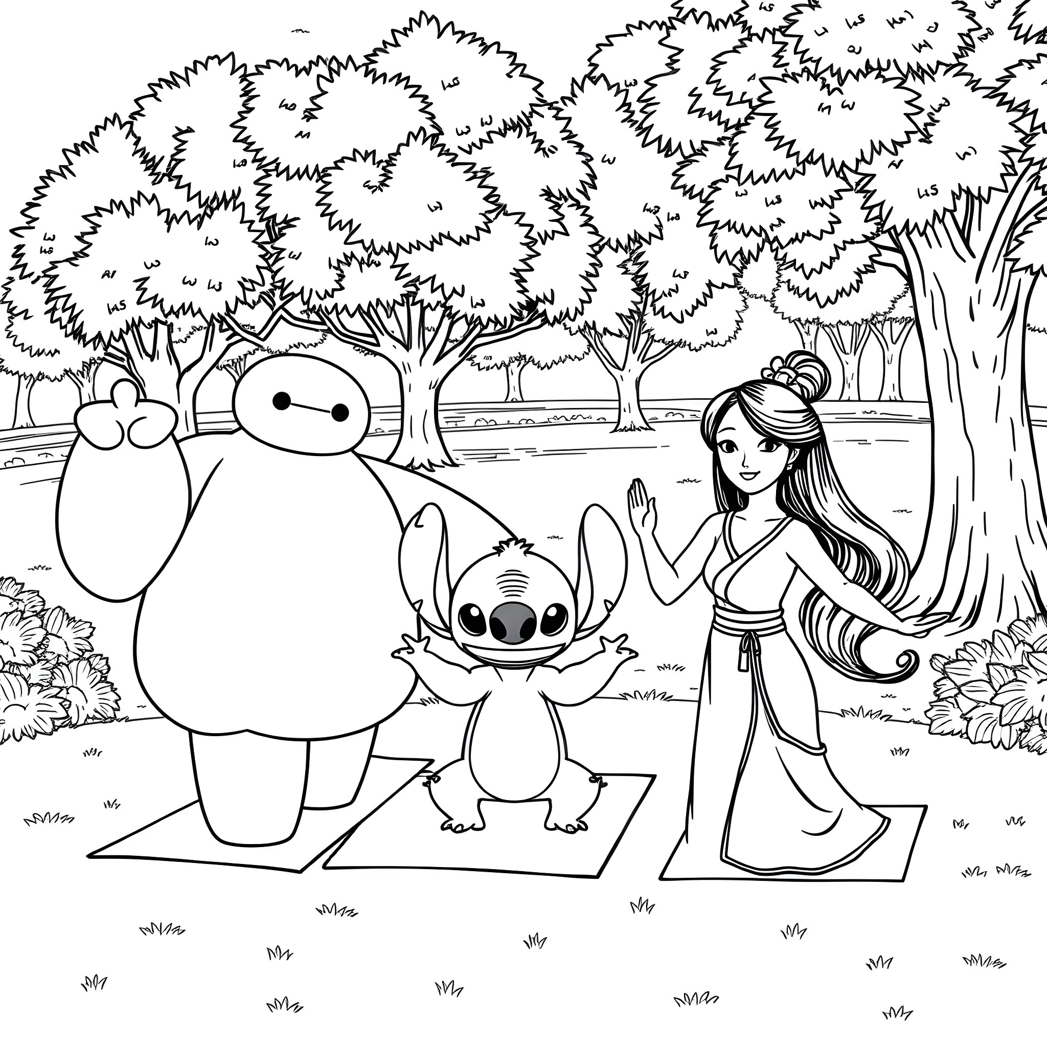 Character Enjoying Nature with Friendly Creatures Coloring Page (free black-and-white line drawing printable PDF for all, from beginners to advanced learners, including children, teens, adults, and seniors)