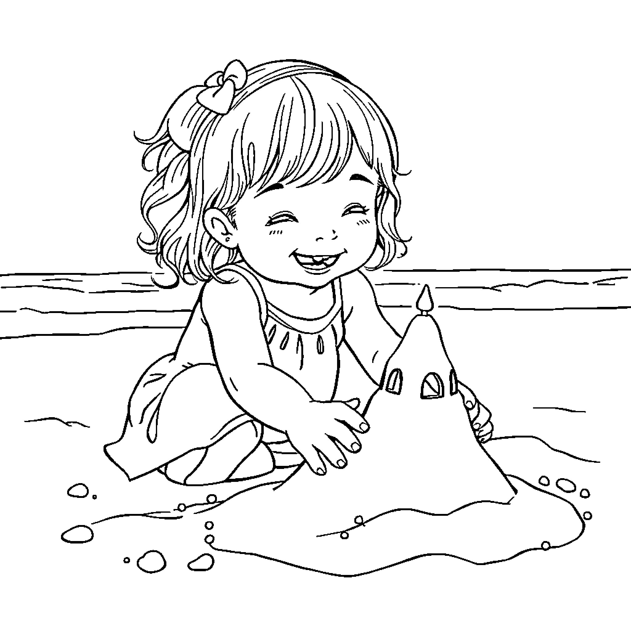 Girl playing happily with sand castles on the beach Coloring Page (free black-and-white line drawing printable PDF for all, from beginners to advanced learners, including children, teens, adults, and seniors)