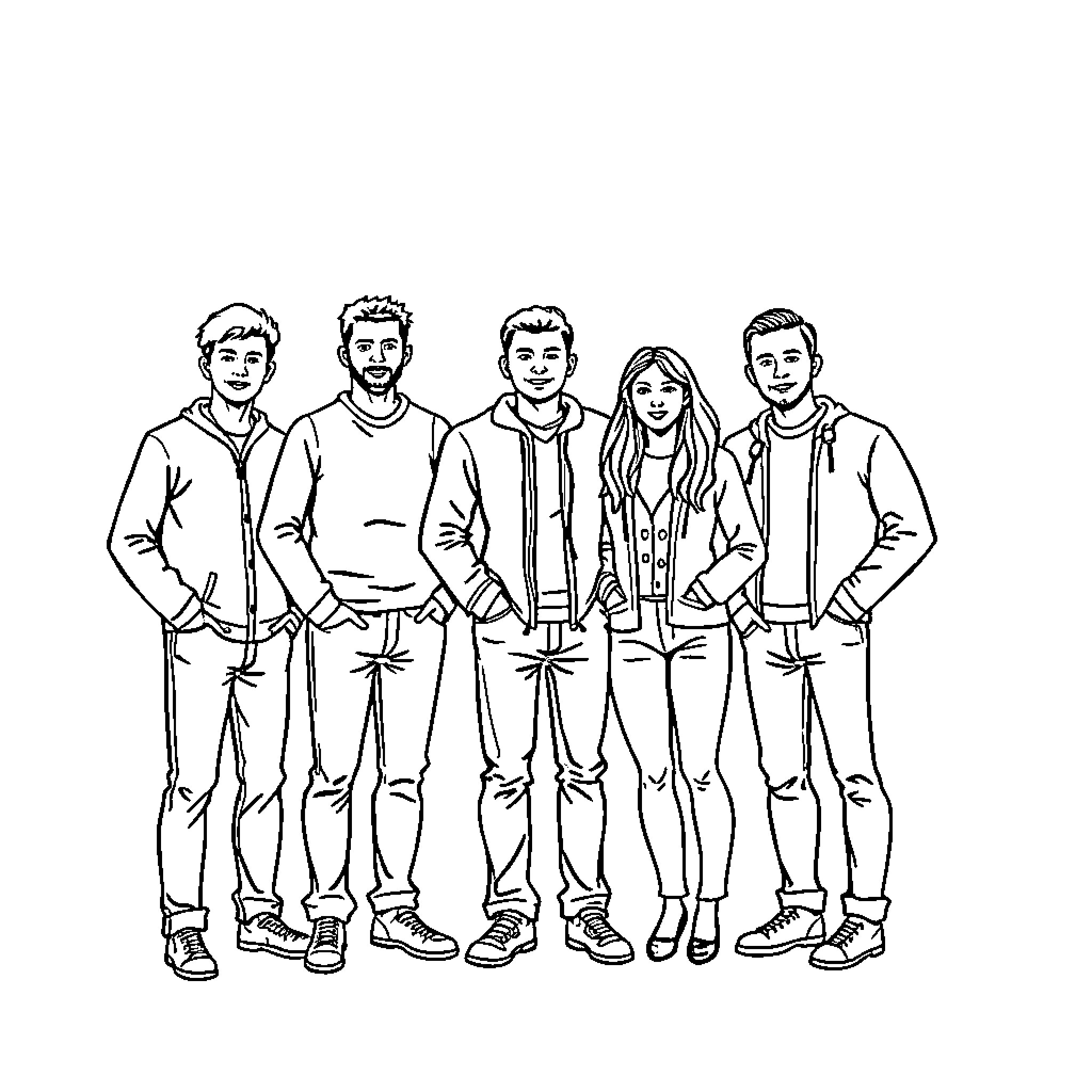 6-7 Casual Friends Posing Together Coloring Page (free black-and-white line drawing printable PDF for all, from beginners to advanced learners, including children, teens, adults, and seniors)