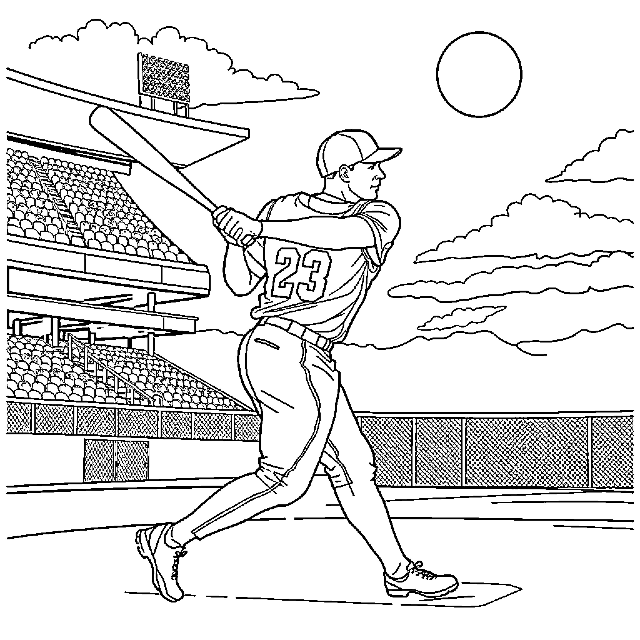 Kobe Bryant batting in baseball stadium Coloring Page (free black-and-white line drawing printable PDF for all, from beginners to advanced learners, including children, teens, adults, and seniors)