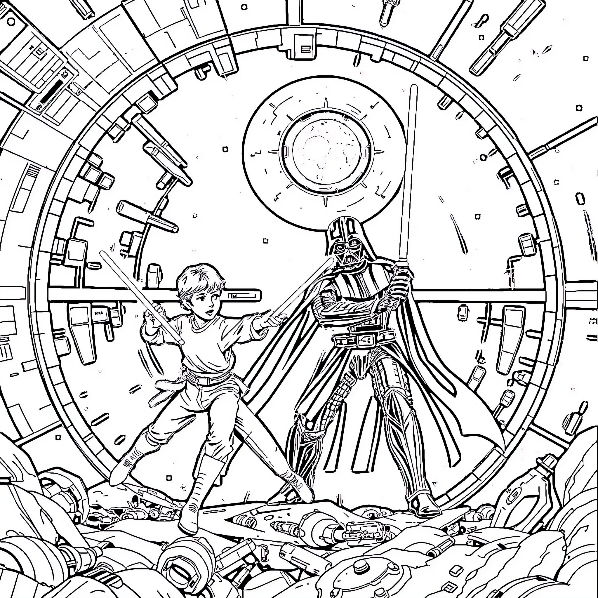 Luke Skywalker battles Darth Vader in epic sci-fi scene Coloring Page (free black-and-white line drawing printable PDF for all, from beginners to advanced learners, including children, teens, adults, and seniors)