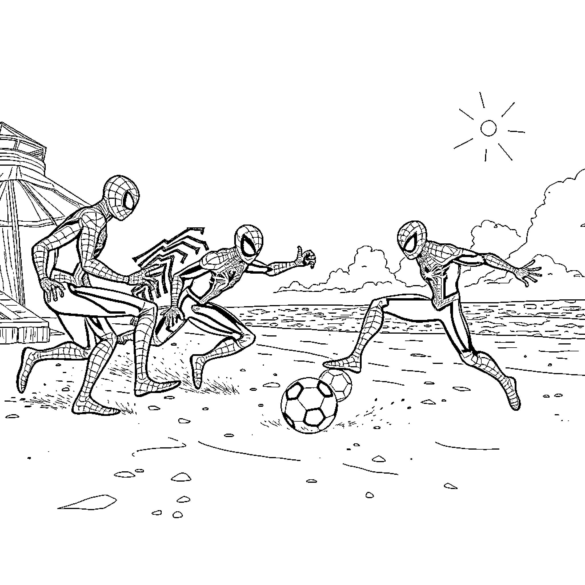 Spider-Heroes playing soccer on the beach Coloring Page (free black-and-white line drawing printable PDF for all, from beginners to advanced learners, including children, teens, adults, and seniors)