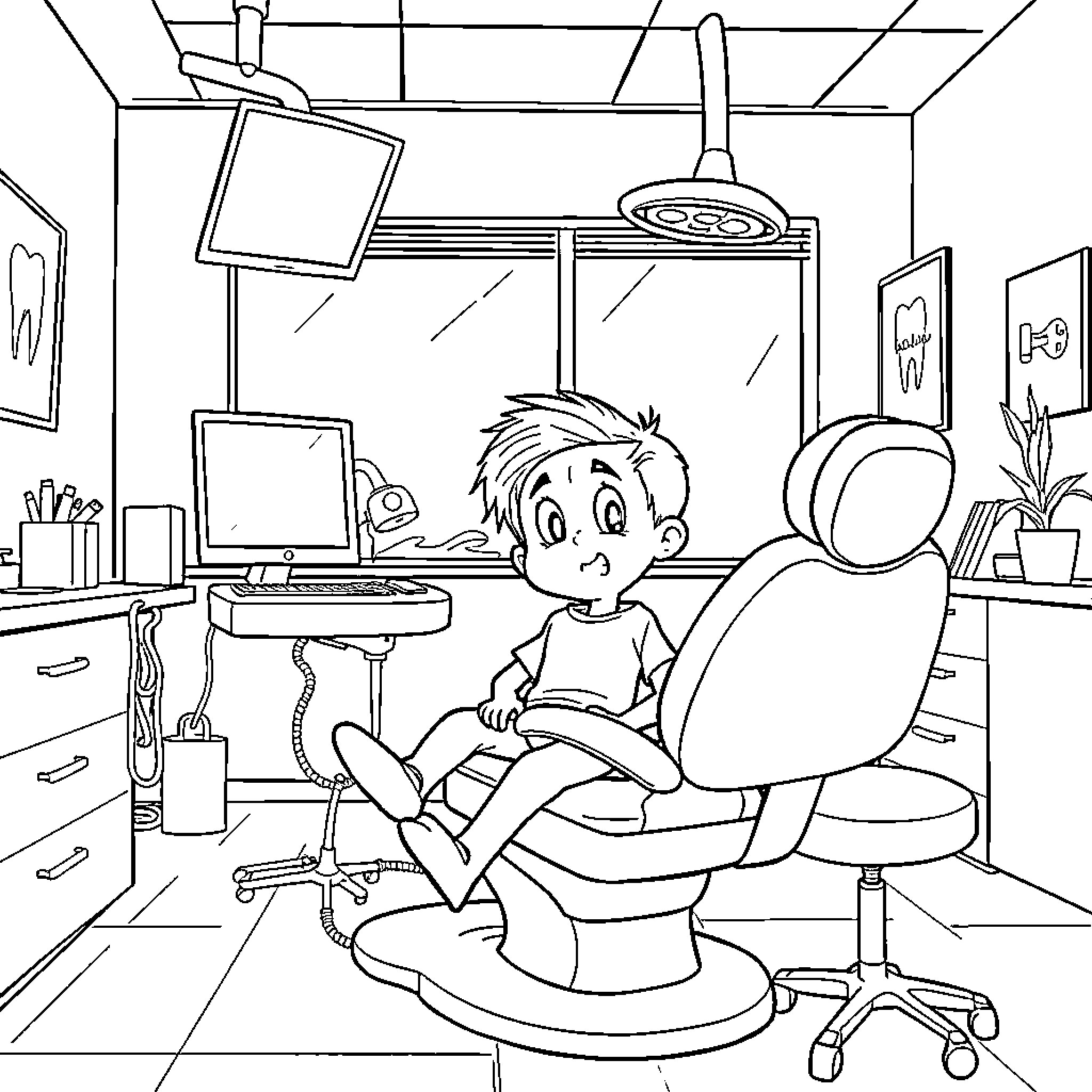 Kid in a Dentist's Office Coloring Page (free black-and-white line drawing printable PDF for all, from beginners to advanced learners, including children, teens, adults, and seniors)