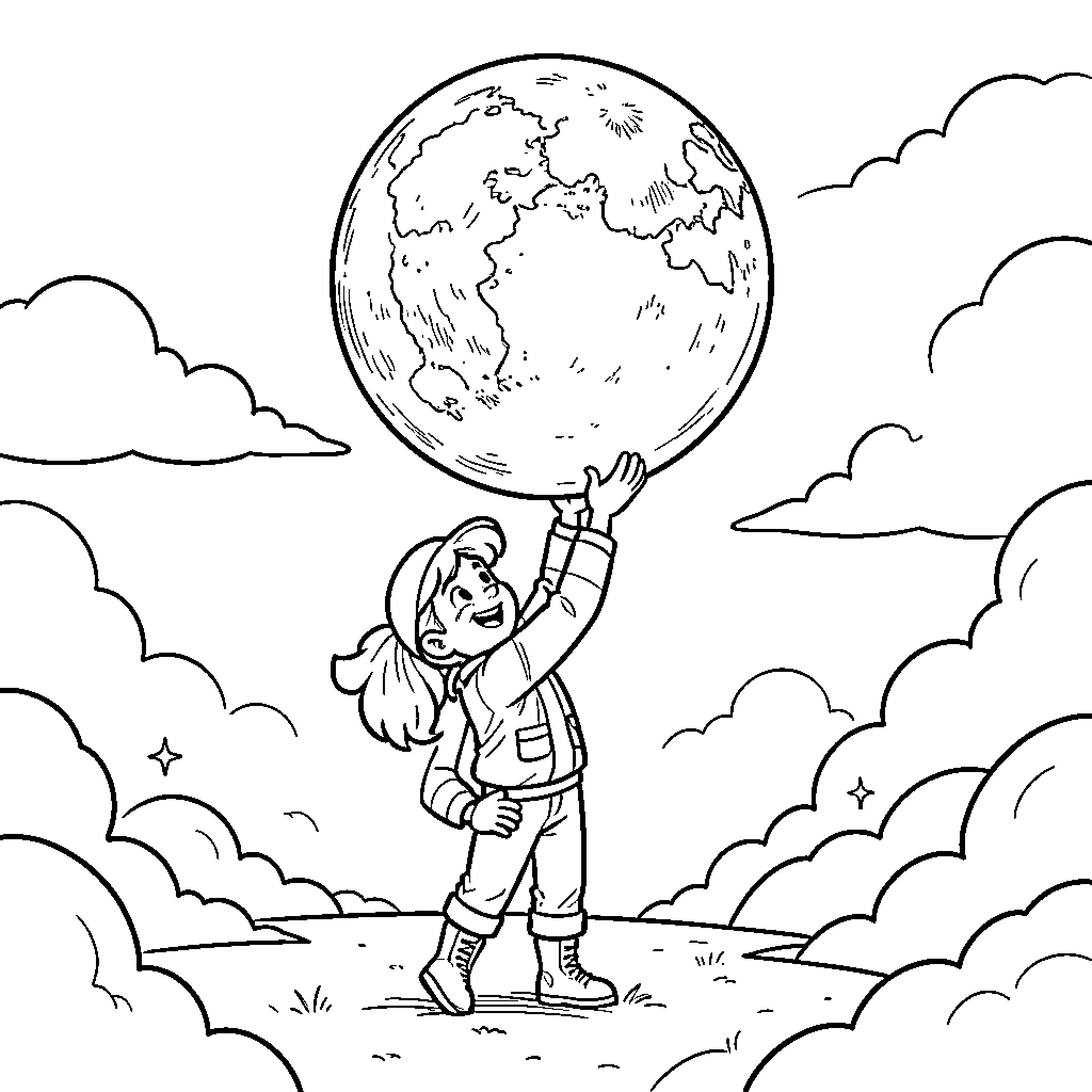 Paw Patrol character holding up a large globe Coloring Page (free black-and-white line drawing printable PDF for all, from beginners to advanced learners, including children, teens, adults, and seniors)