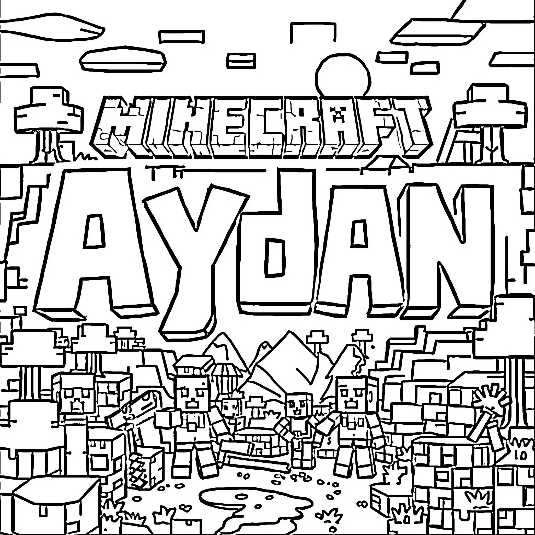 Aydan's Minecraft Adventure Coloring Page (free black-and-white line drawing printable PDF for all, from beginners to advanced learners, including children, teens, adults, and seniors)