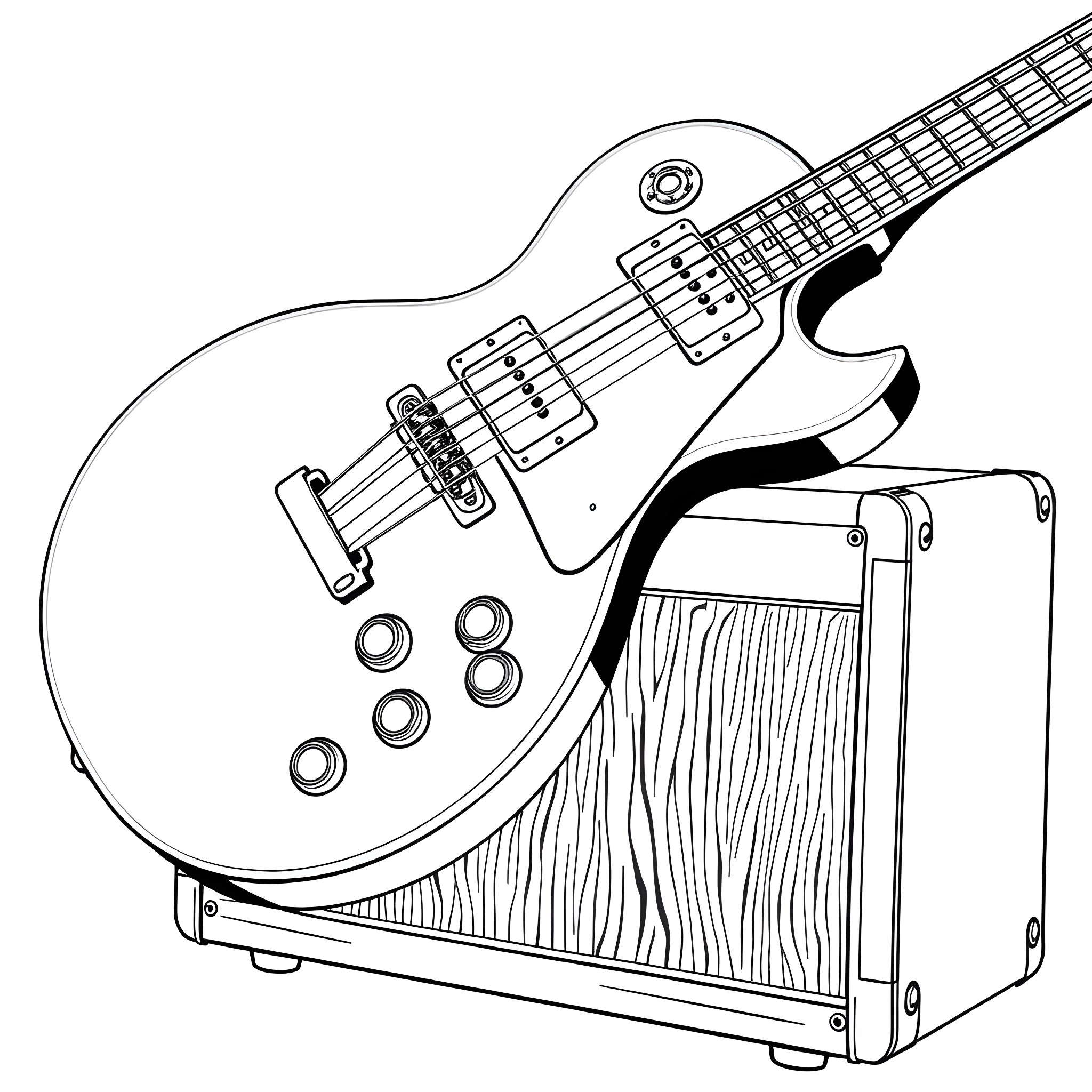 Guitar on a wooden stage Coloring Page (free black-and-white line drawing printable PDF for all, from beginners to advanced learners, including children, teens, adults, and seniors)