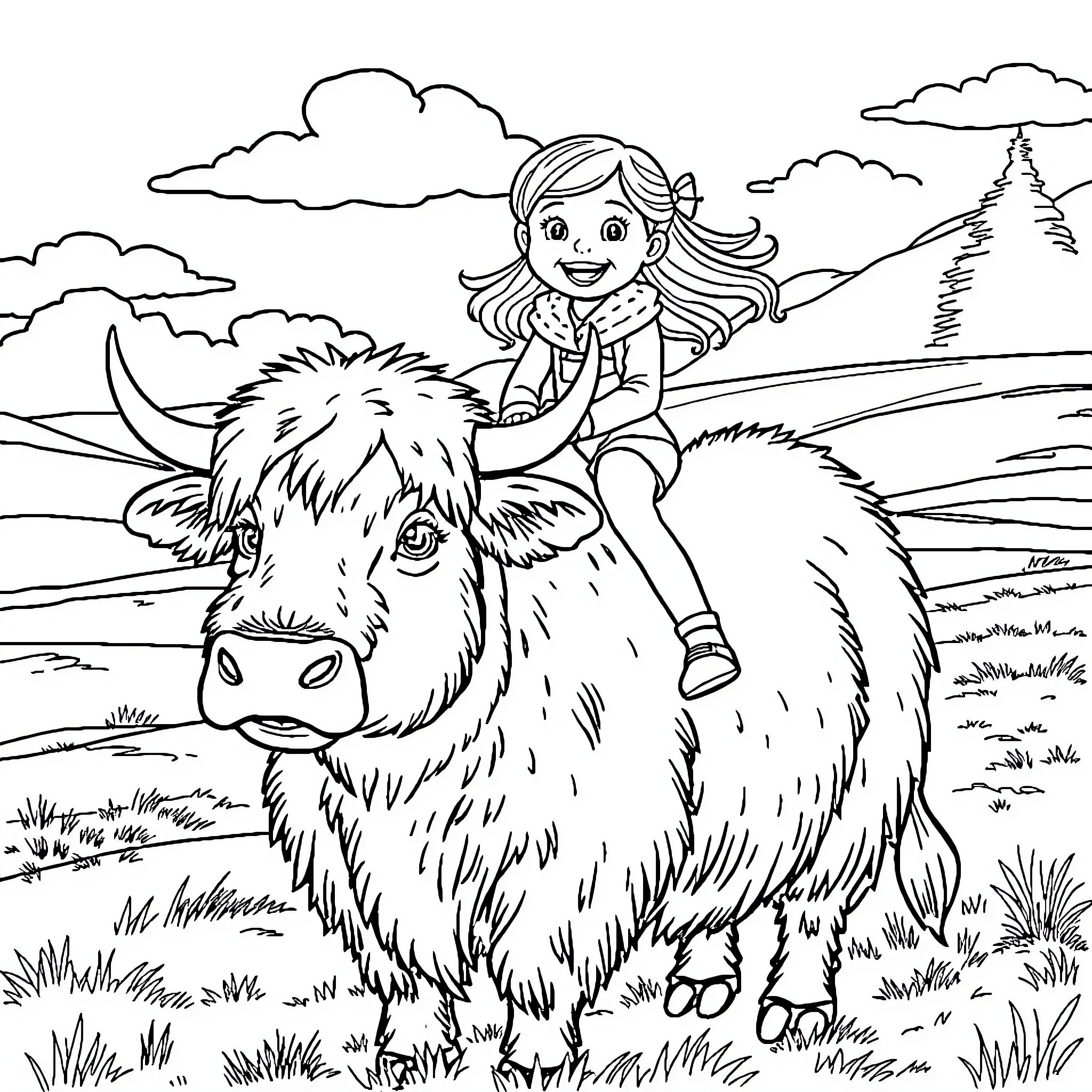Highland Cow girl exploring the countryside Coloring Page (free black-and-white line drawing printable PDF for all, from beginners to advanced learners, including children, teens, adults, and seniors)