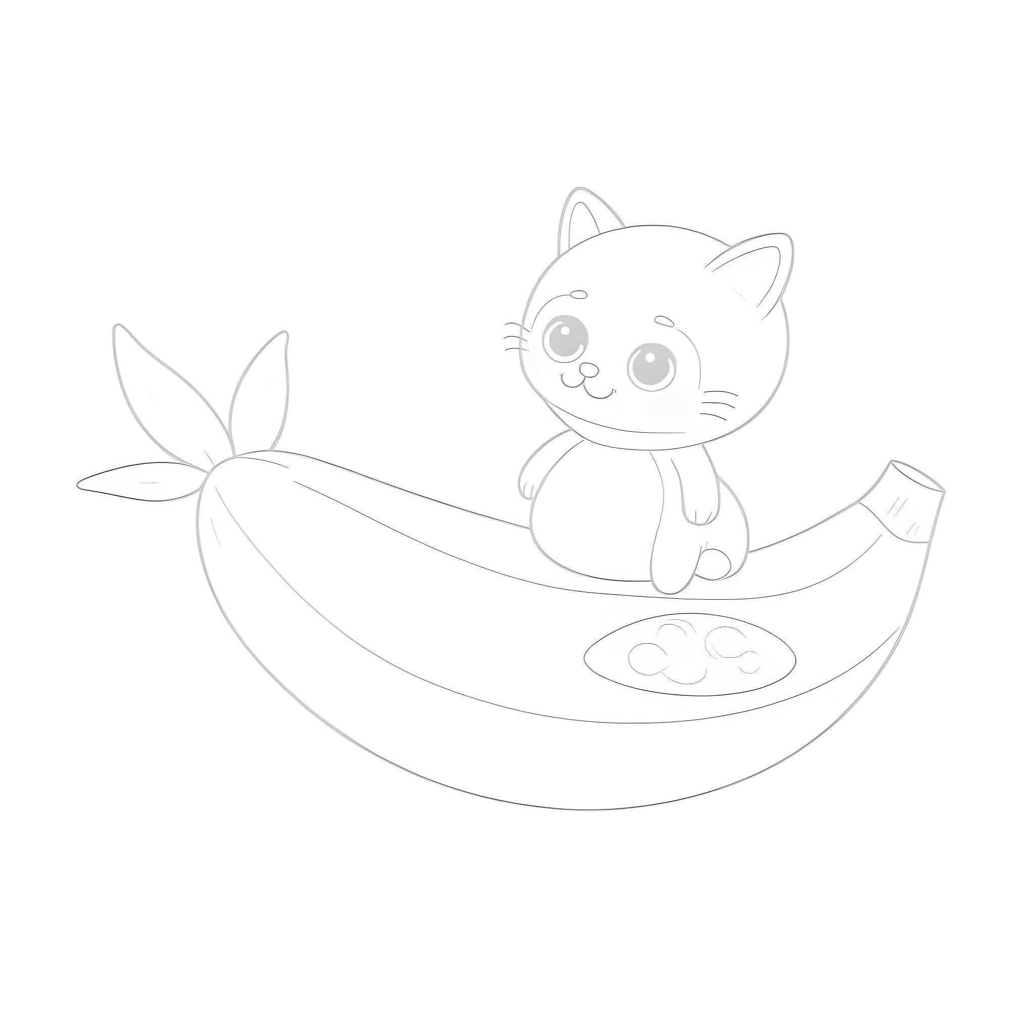 Cat relaxing in banana boat Coloring Page (free black-and-white line drawing printable PDF for all, from beginners to advanced learners, including children, teens, adults, and seniors)