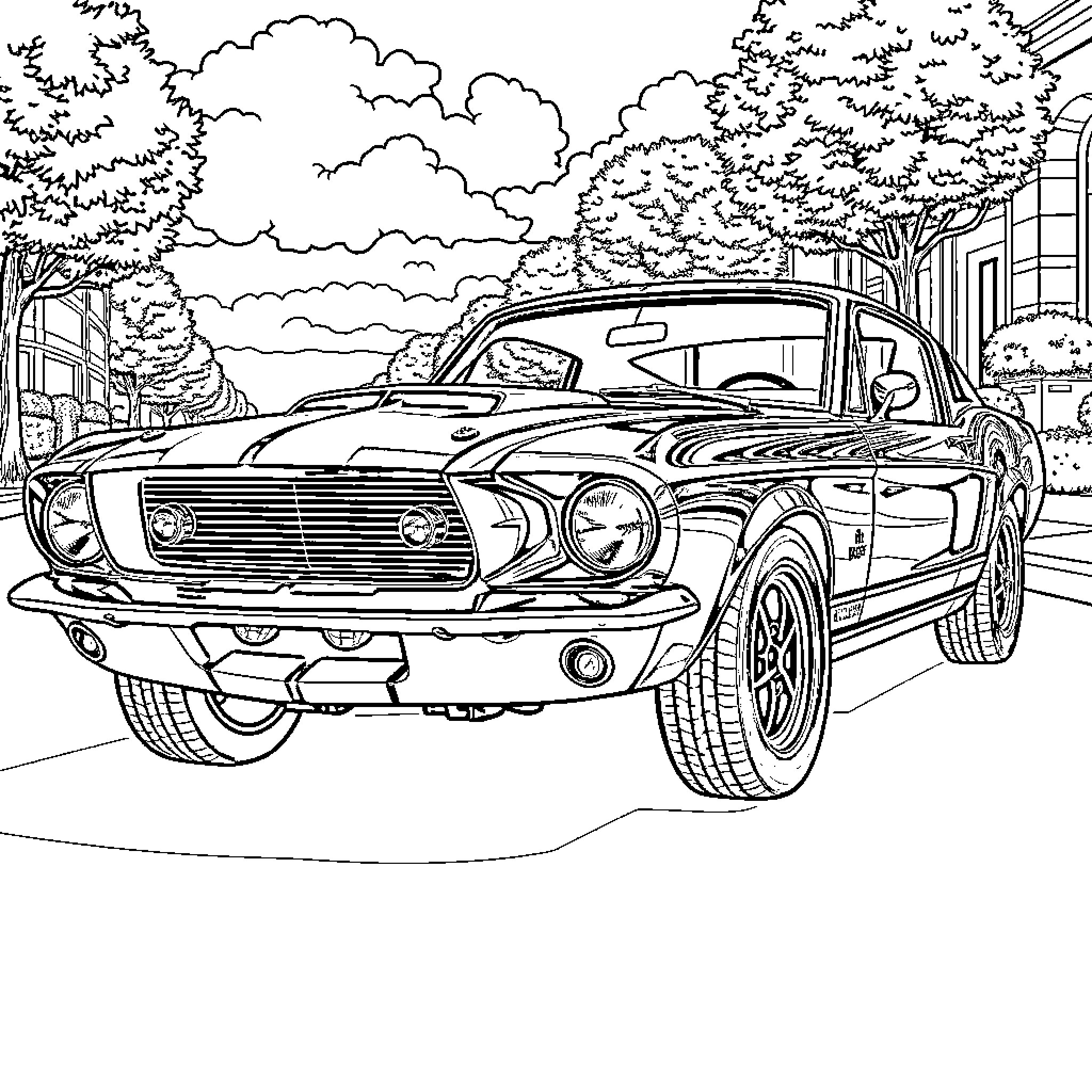 Shelby GT350H in a scenic outdoor setting Coloring Page (free black-and-white line drawing printable PDF for all, from beginners to advanced learners, including children, teens, adults, and seniors)