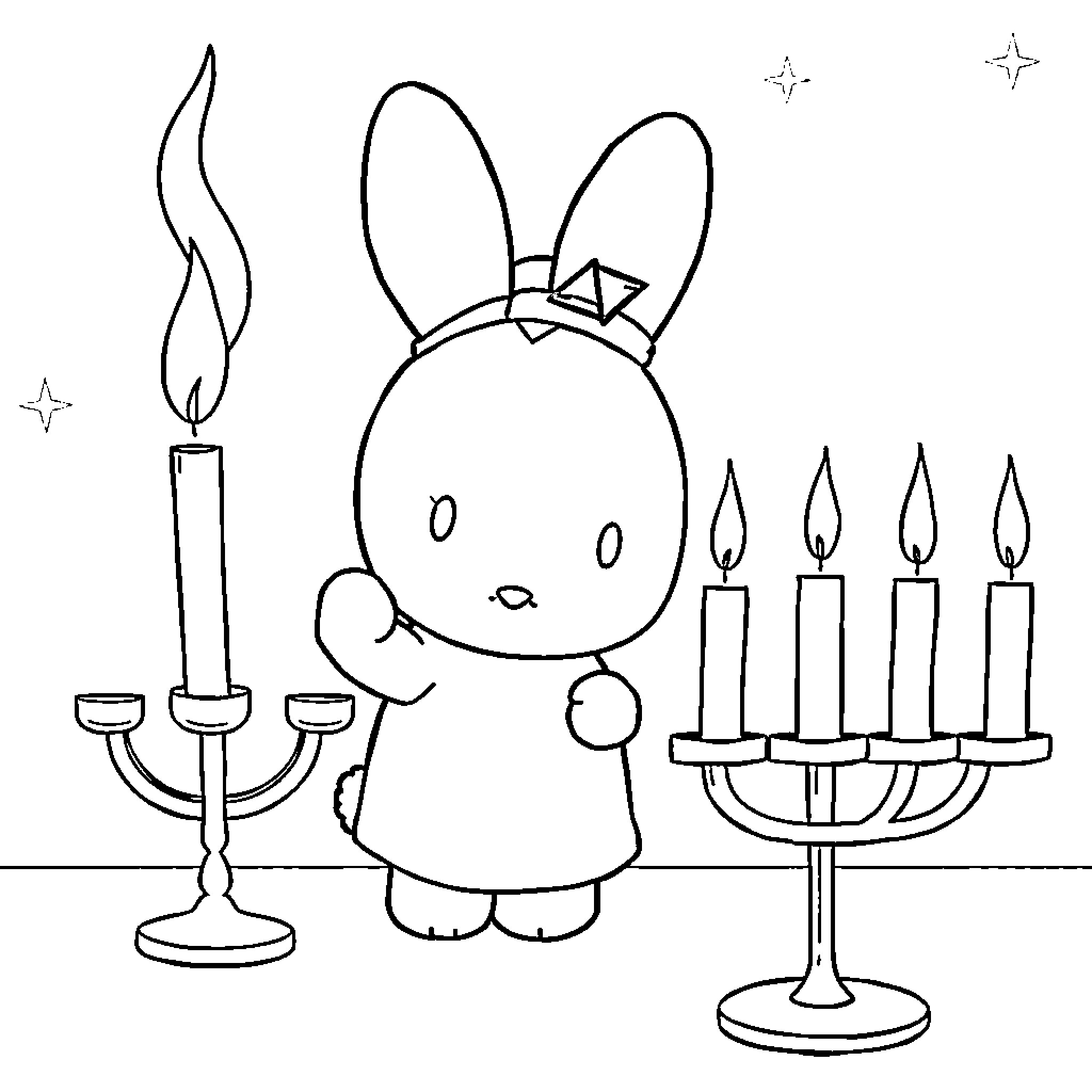 Miffy celebrating with candles and menorah Coloring Page (free black-and-white line drawing printable PDF for all, from beginners to advanced learners, including children, teens, adults, and seniors)