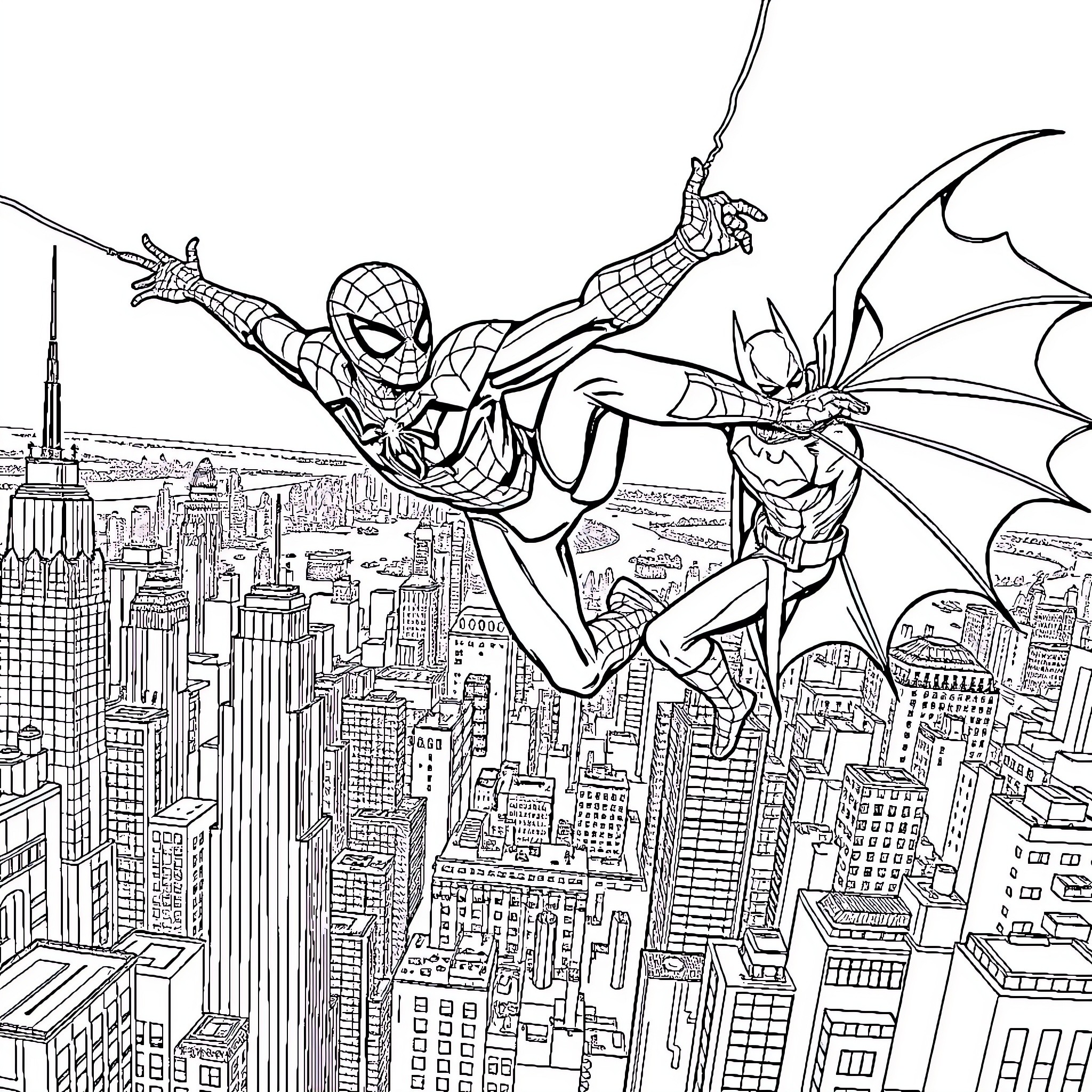 Spider-Man and Batman battle across the city skyline Coloring Page (free black-and-white line drawing printable PDF for all, from beginners to advanced learners, including children, teens, adults, and seniors)