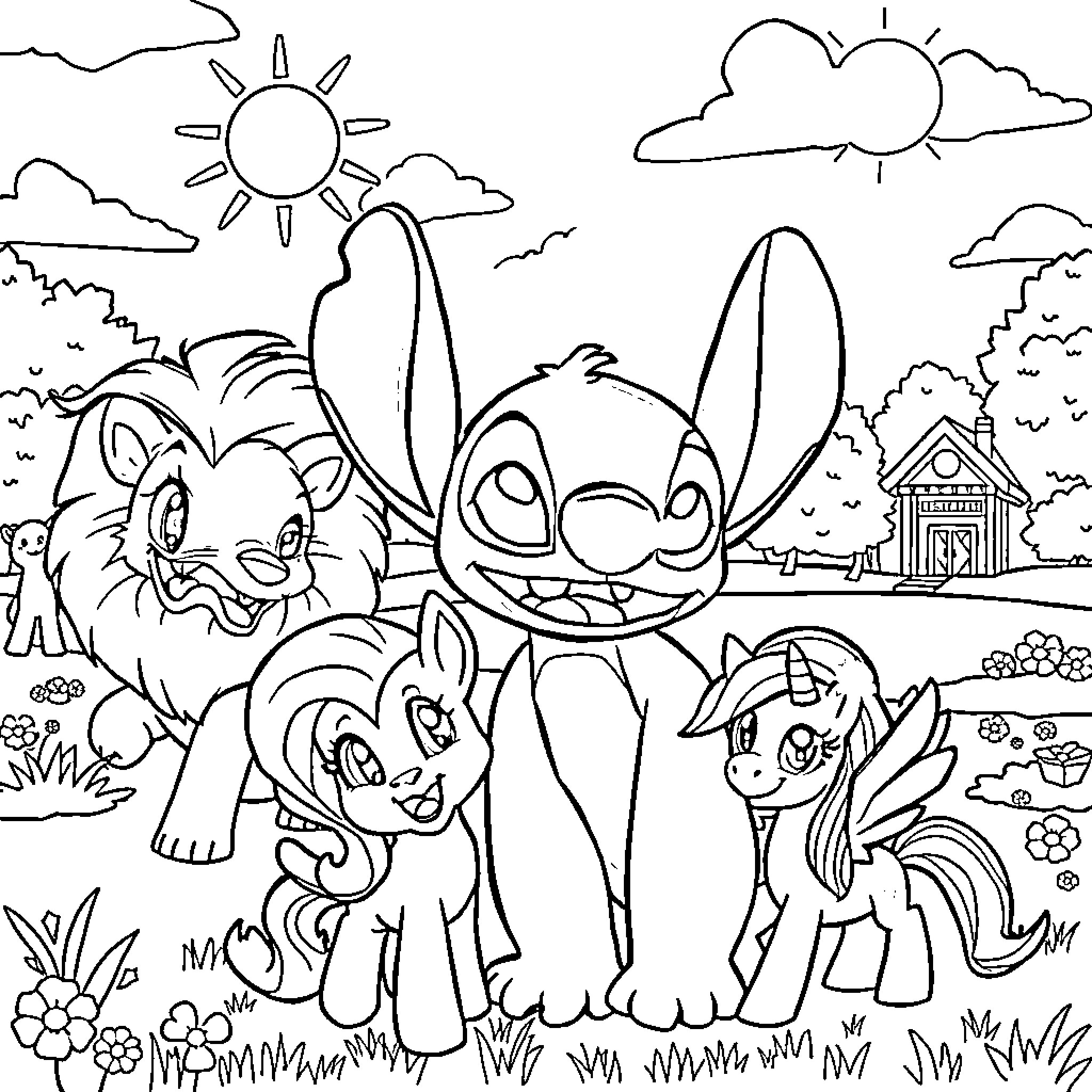 Character engaging in outdoor activities with friends Coloring Page (free black-and-white line drawing printable PDF for all, from beginners to advanced learners, including children, teens, adults, and seniors)