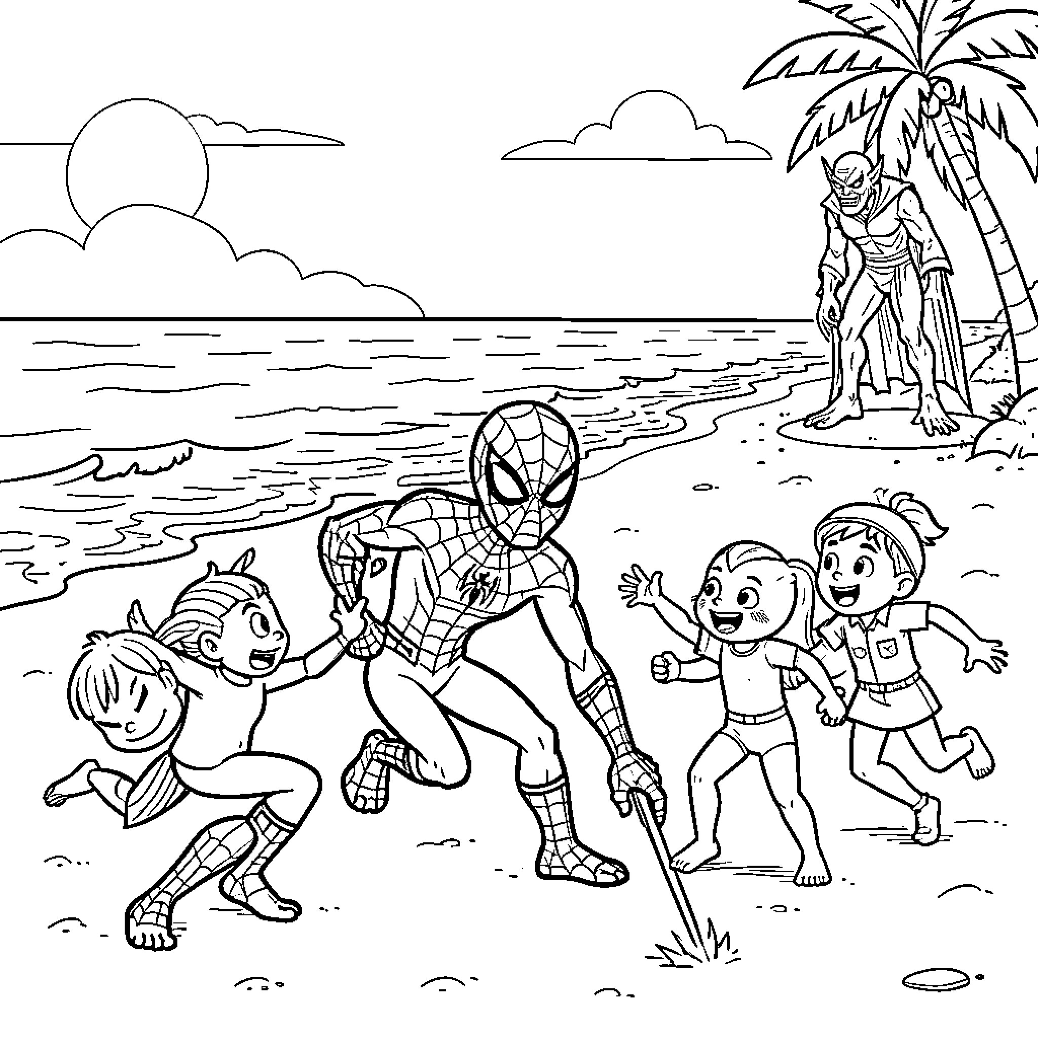 Green Goblin watching Spider-Man and children on the beach Coloring Page (free black-and-white line drawing printable PDF for all, from beginners to advanced learners, including children, teens, adults, and seniors)