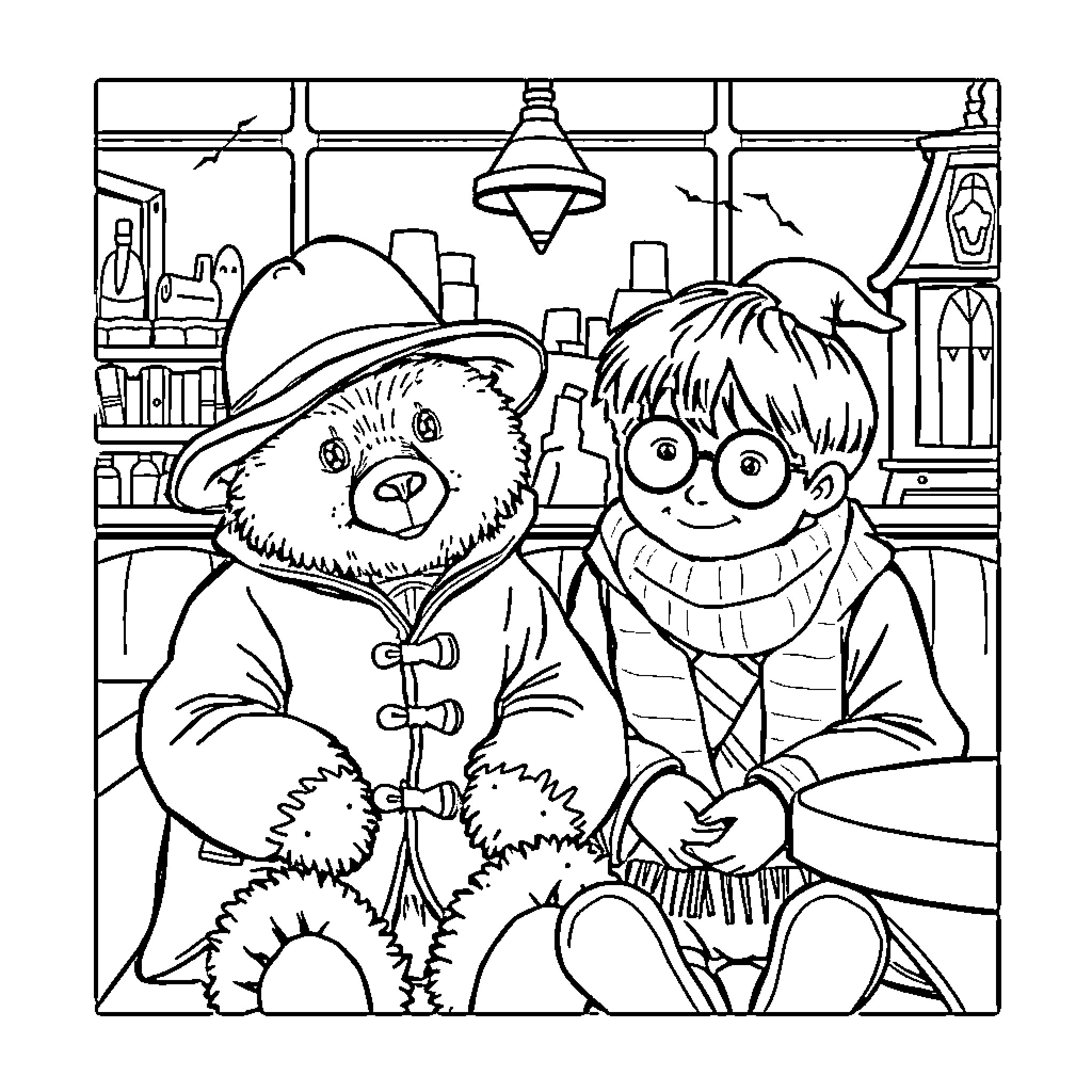 Paddington and the boy explore the cozy shop Coloring Page (free black-and-white line drawing printable PDF for all, from beginners to advanced learners, including children, teens, adults, and seniors)