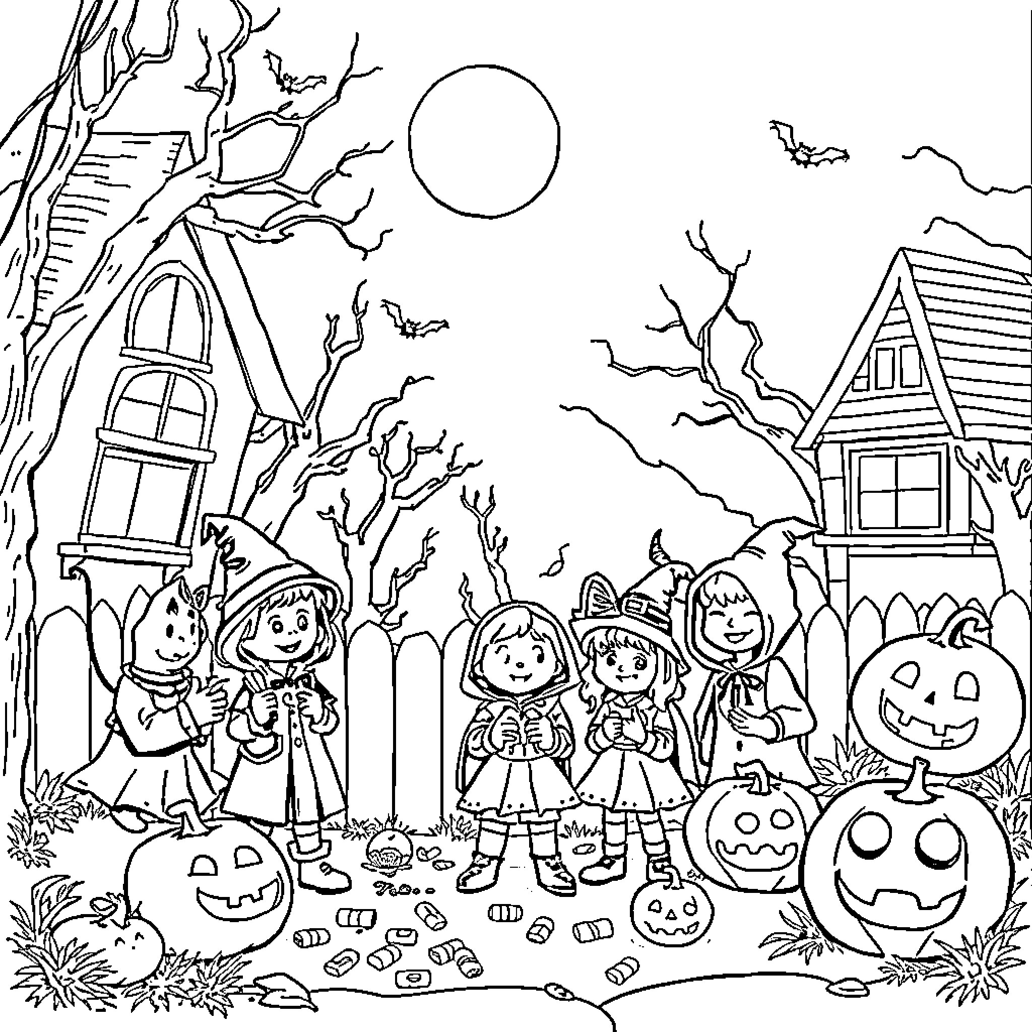 Halloween kids trick-or-treating in spooky neighborhood Coloring Page (free black-and-white line drawing printable PDF for all, from beginners to advanced learners, including children, teens, adults, and seniors)