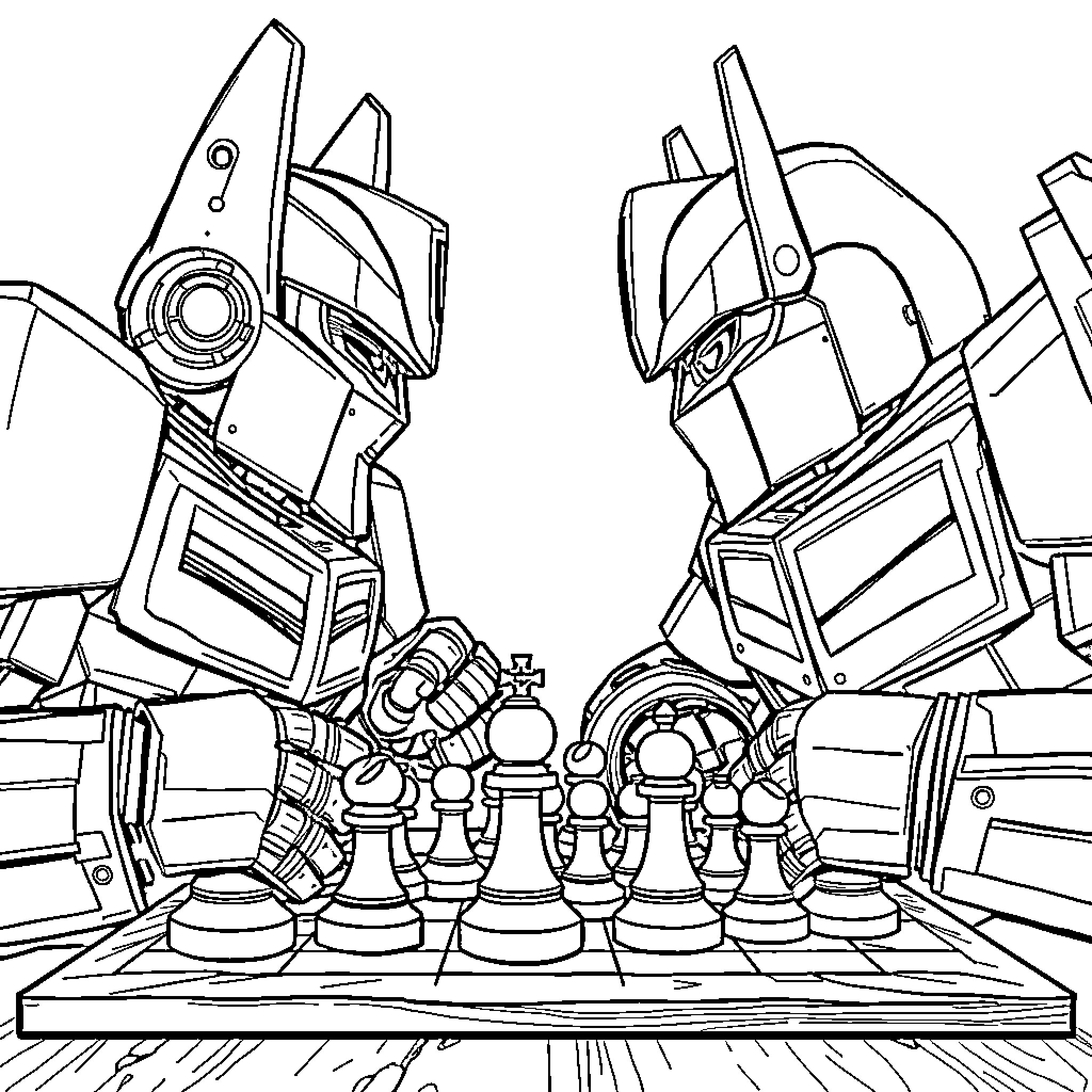 Optimus Prime playing chess against an opponent Coloring Page (free black-and-white line drawing printable PDF for all, from beginners to advanced learners, including children, teens, adults, and seniors)