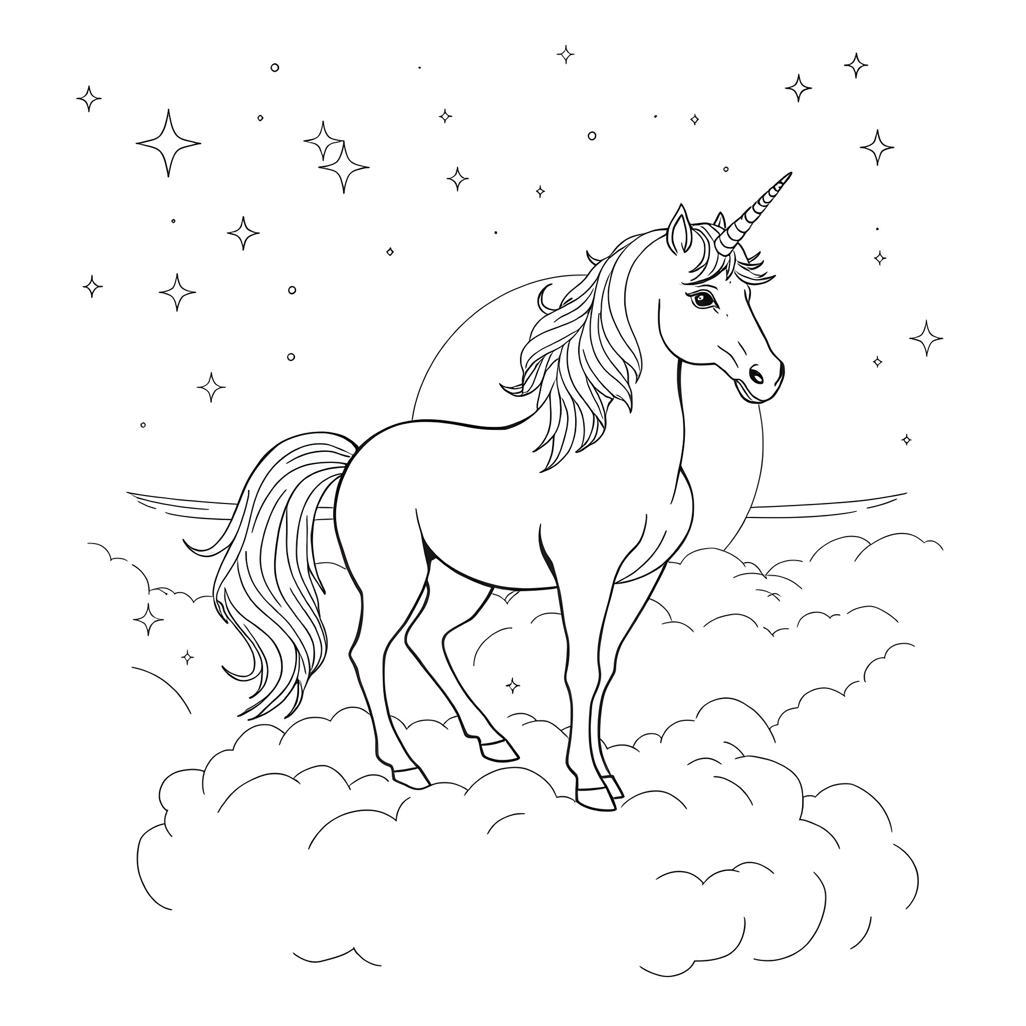 Unicorn standing majestically among the stars Coloring Page (free black-and-white line drawing printable PDF for all, from beginners to advanced learners, including children, teens, adults, and seniors)