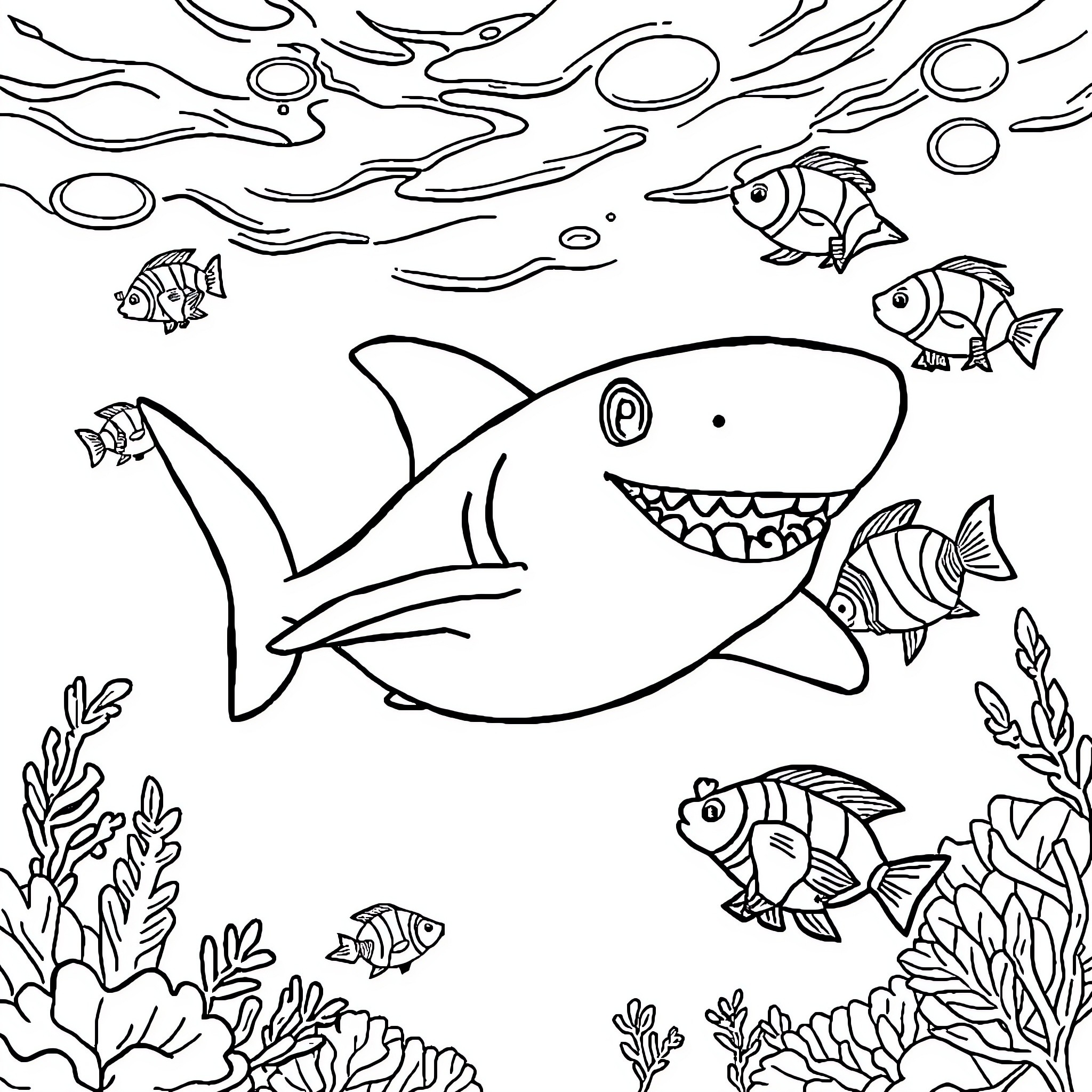 Shark hunting underwater with schools of fish Coloring Page (free black-and-white line drawing printable PDF for all, from beginners to advanced learners, including children, teens, adults, and seniors)