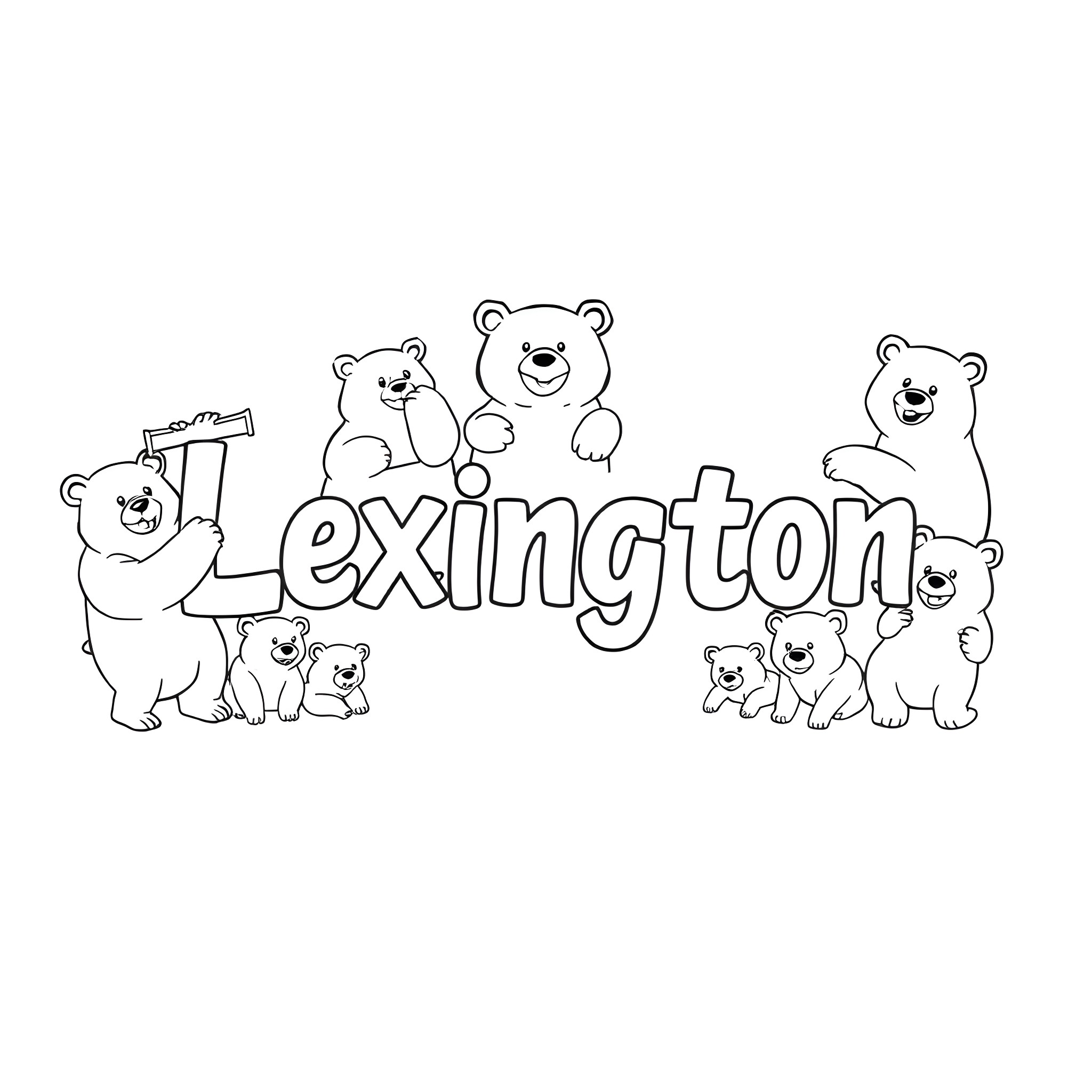 Bear family playing and gathered around the word Lexington Coloring Page (free black-and-white line drawing printable PDF for all, from beginners to advanced learners, including children, teens, adults, and seniors)