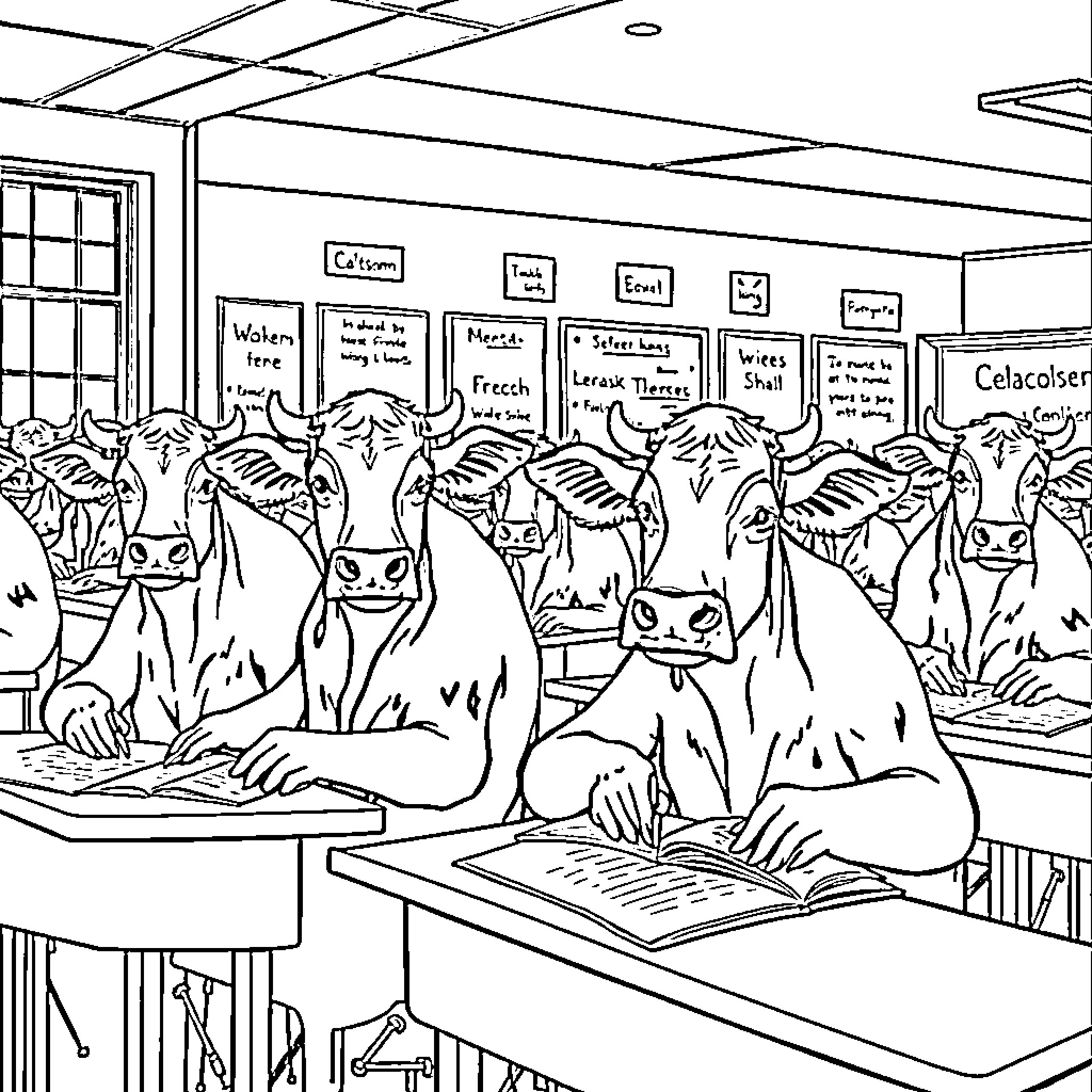 Cow classroom filled with unique characters Coloring Page (free black-and-white line drawing printable PDF for all, from beginners to advanced learners, including children, teens, adults, and seniors)