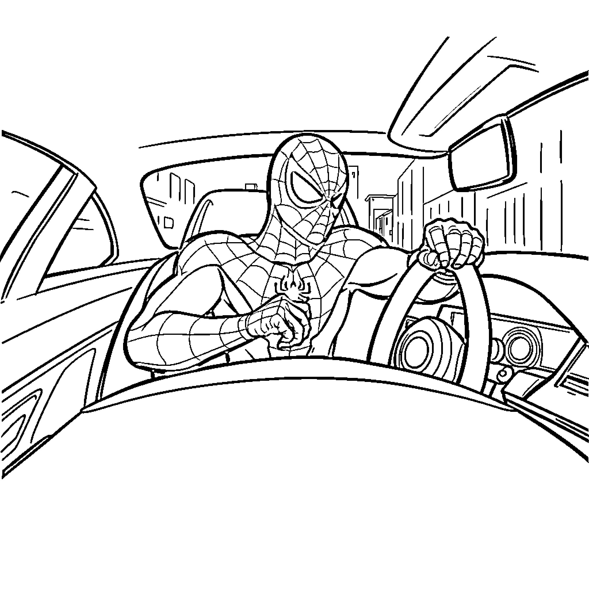 Spider-Man swinging through the city in action Coloring Page (free black-and-white line drawing printable PDF for all, from beginners to advanced learners, including children, teens, adults, and seniors)