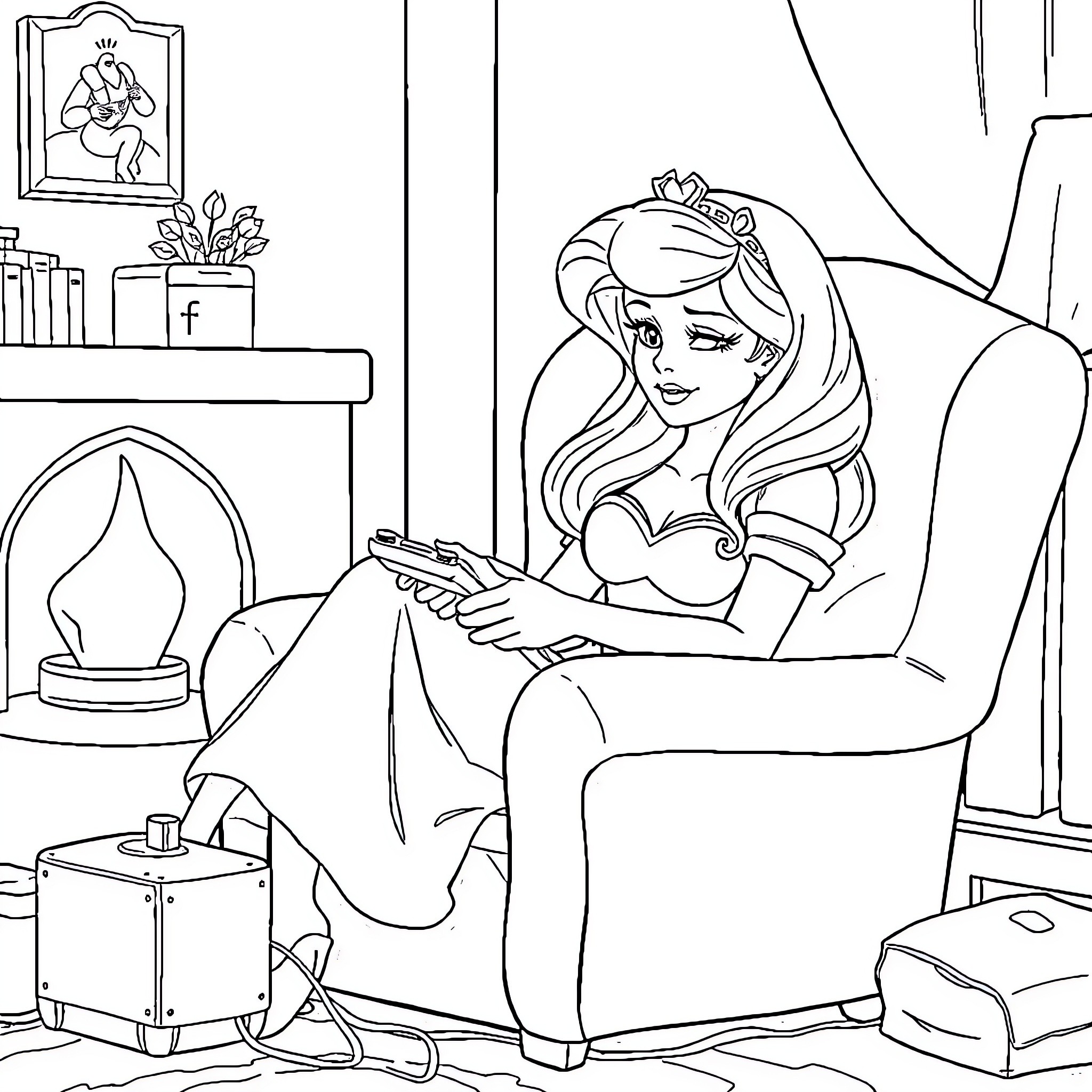 Sleeping Beauty relaxing with a book Coloring Page (free black-and-white line drawing printable PDF for all, from beginners to advanced learners, including children, teens, adults, and seniors)