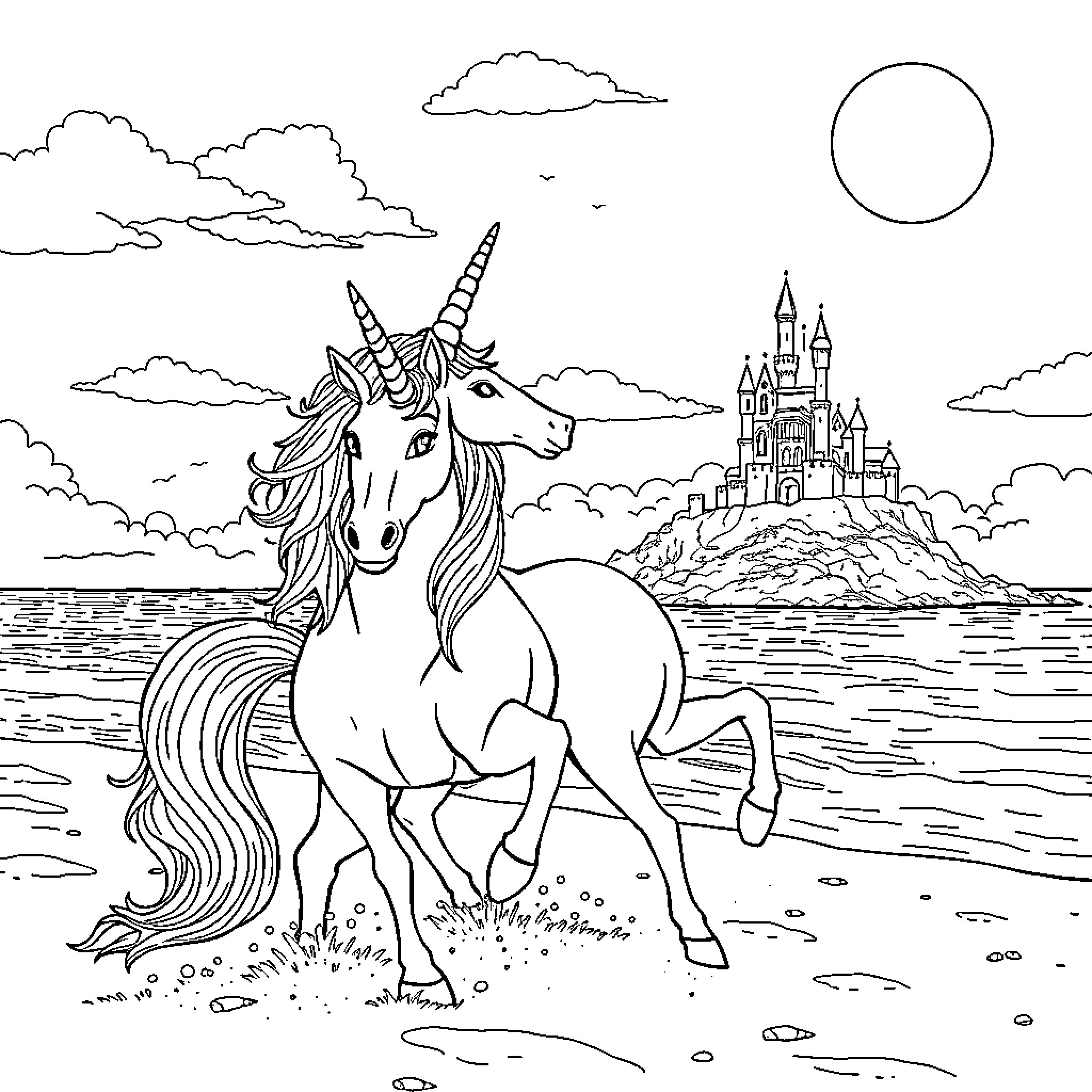 Cane Unicorn by the Castle at Sunset Coloring Page (free black-and-white line drawing printable PDF for all, from beginners to advanced learners, including children, teens, adults, and seniors)