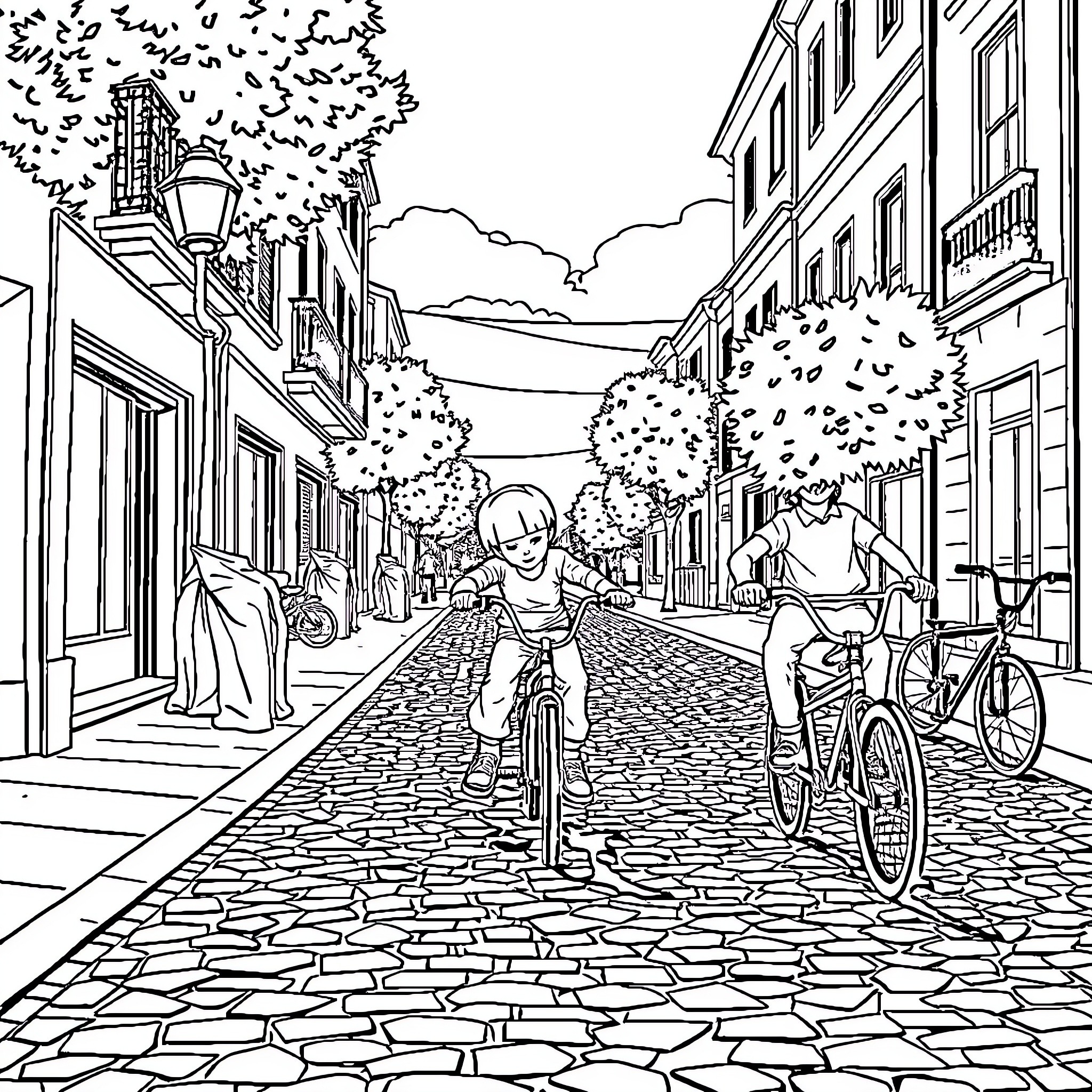 Child riding bicycle down historic city street Coloring Page (free black-and-white line drawing printable PDF for all, from beginners to advanced learners, including children, teens, adults, and seniors)